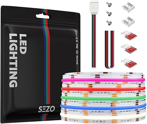 SEZO FCOB RGBW Tira LED RGBCW COB RGB+Blanco frío 6000K 16.4FT5M DC12V Tiras de luz que cambian de color 816LEDsm 0.472 in Ancho Flexible Cinta
