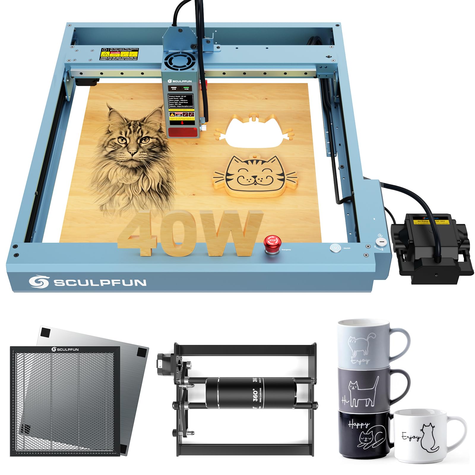 SCULPFUN SF-A9 grabador láser, potencia conmutable, 20W-40W con soporte de aire inteligente, grabador láser, 36000mm/min, 8x6W diodo paneles de nido de abeja rodillos láser