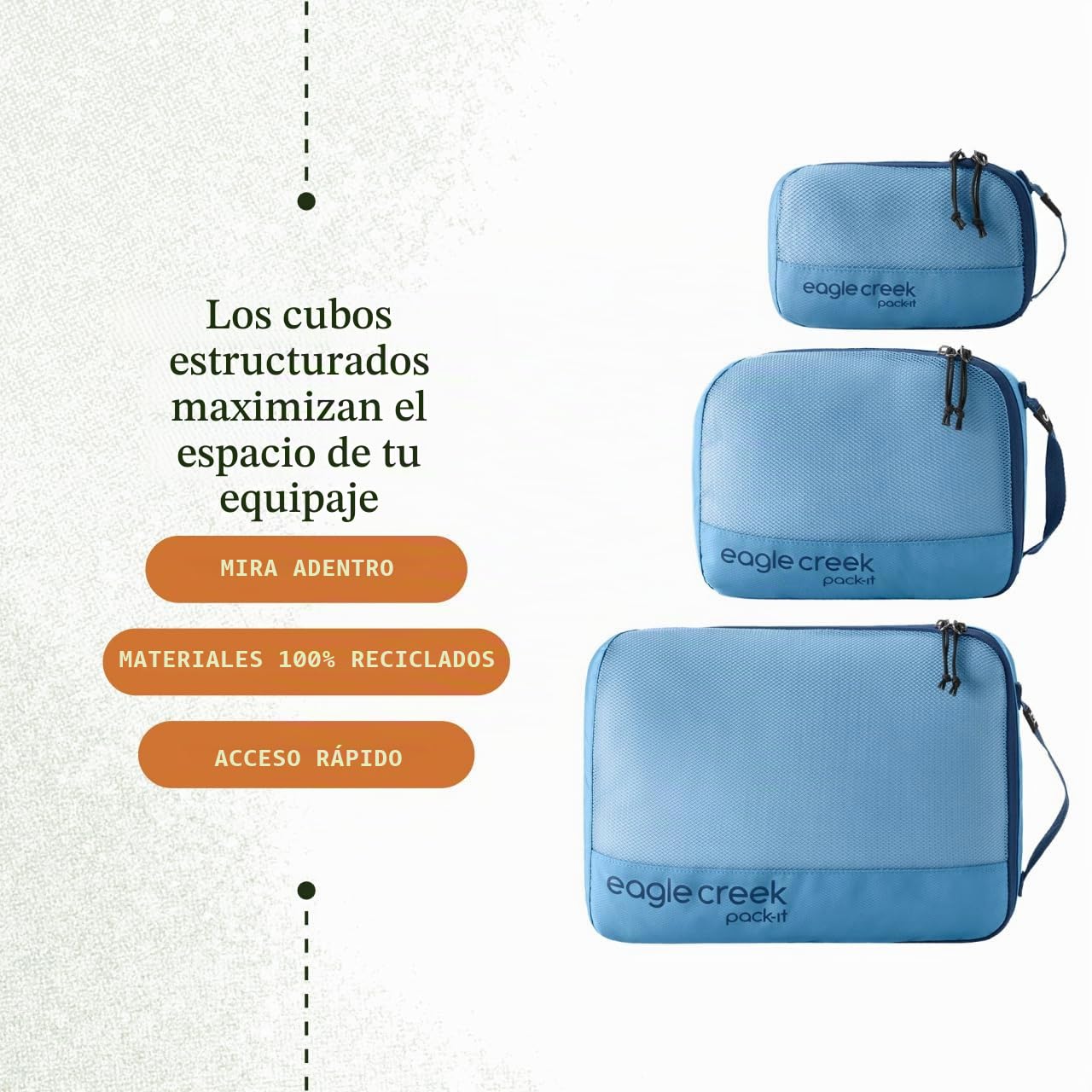 Eagle Creek Pack-It - Juego de cubos de embalaje para compartimentar el equipaje, duradero, ultraligero, resistente al agua, cierre de cremallera de fácil agarre, ventanas de malla, azul, talla única