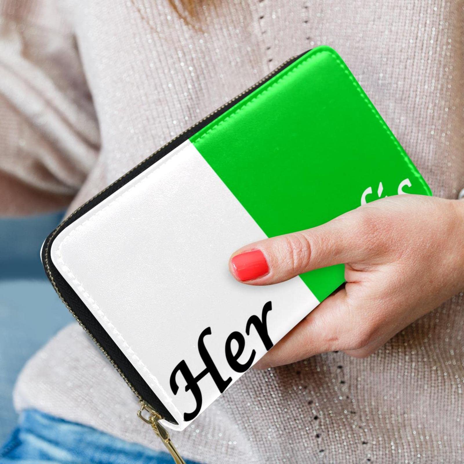 Cartera larga de cuero con cremallera para su lado y su lado blanco y verde personalizar monedero, multicolor, 20.5x2.5x11.5cm/8.07x1x4.53 in, Clásico