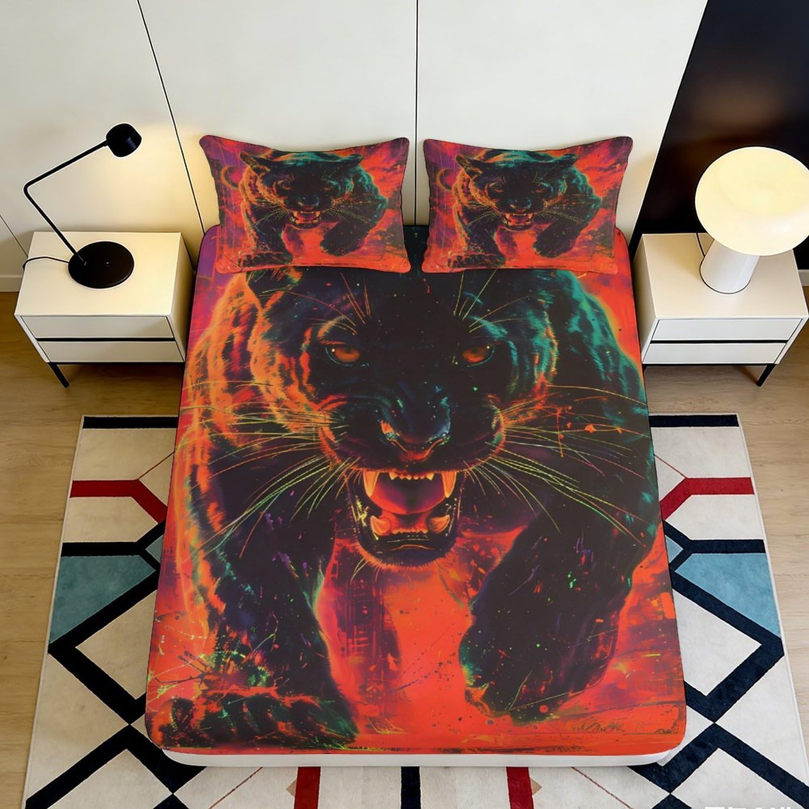 3D Printed Panther Fitted Sheet Microfiber Non-Slip Deep Pocket Bedroom Bedding Panther Mattress Fitted Cover Full Wrap for Adults Teens 200x200x25cm