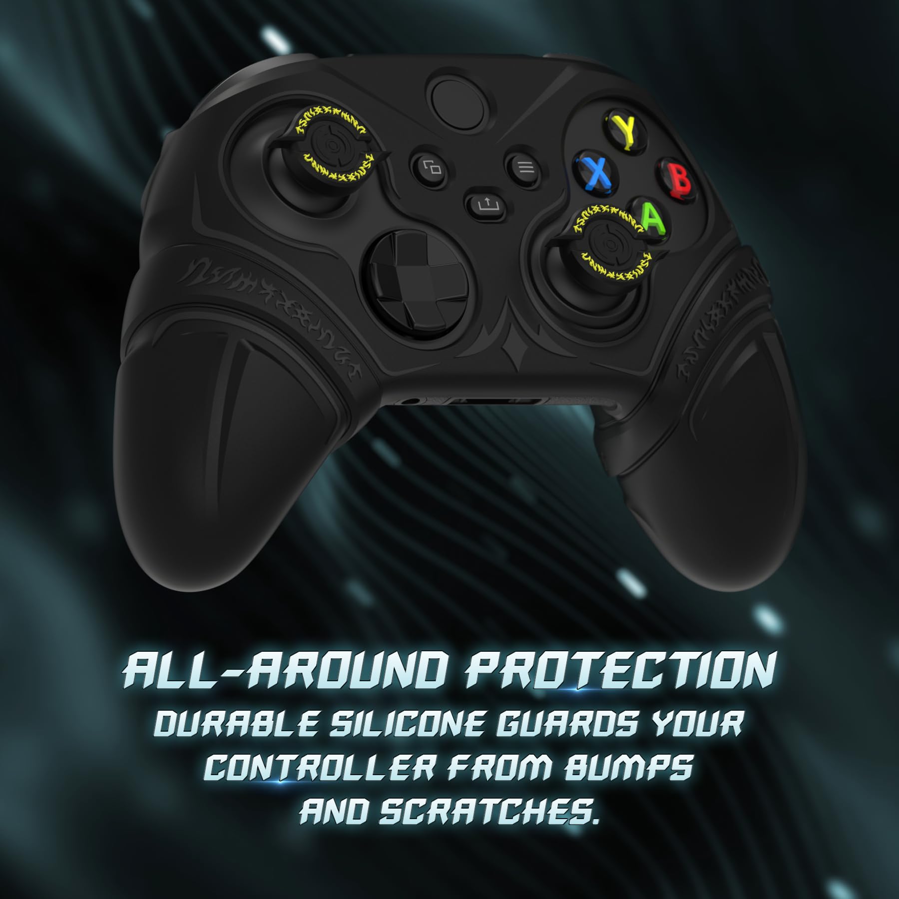 PlayVital Cover Controller per Xbox Series X/S Joystick, Custodia Skin Silicone Grip Antiscivolo & Copri Levette Analogiche & Adesivi per Xbox Core Wireless Controller, Runes, Nero