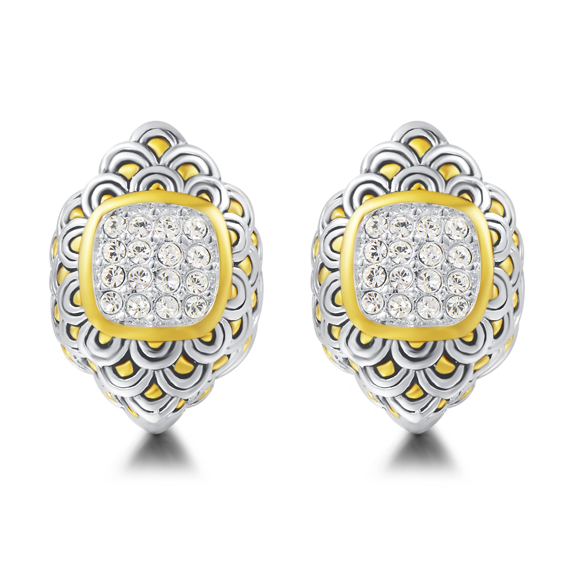 Jewelry Make a Statement With Our Two Tone Dragon Scale French Clip Earrings Featuring Pave Rhinestone Detailing Perfect For Any Occasion, Metal, No Gemstone-image-35