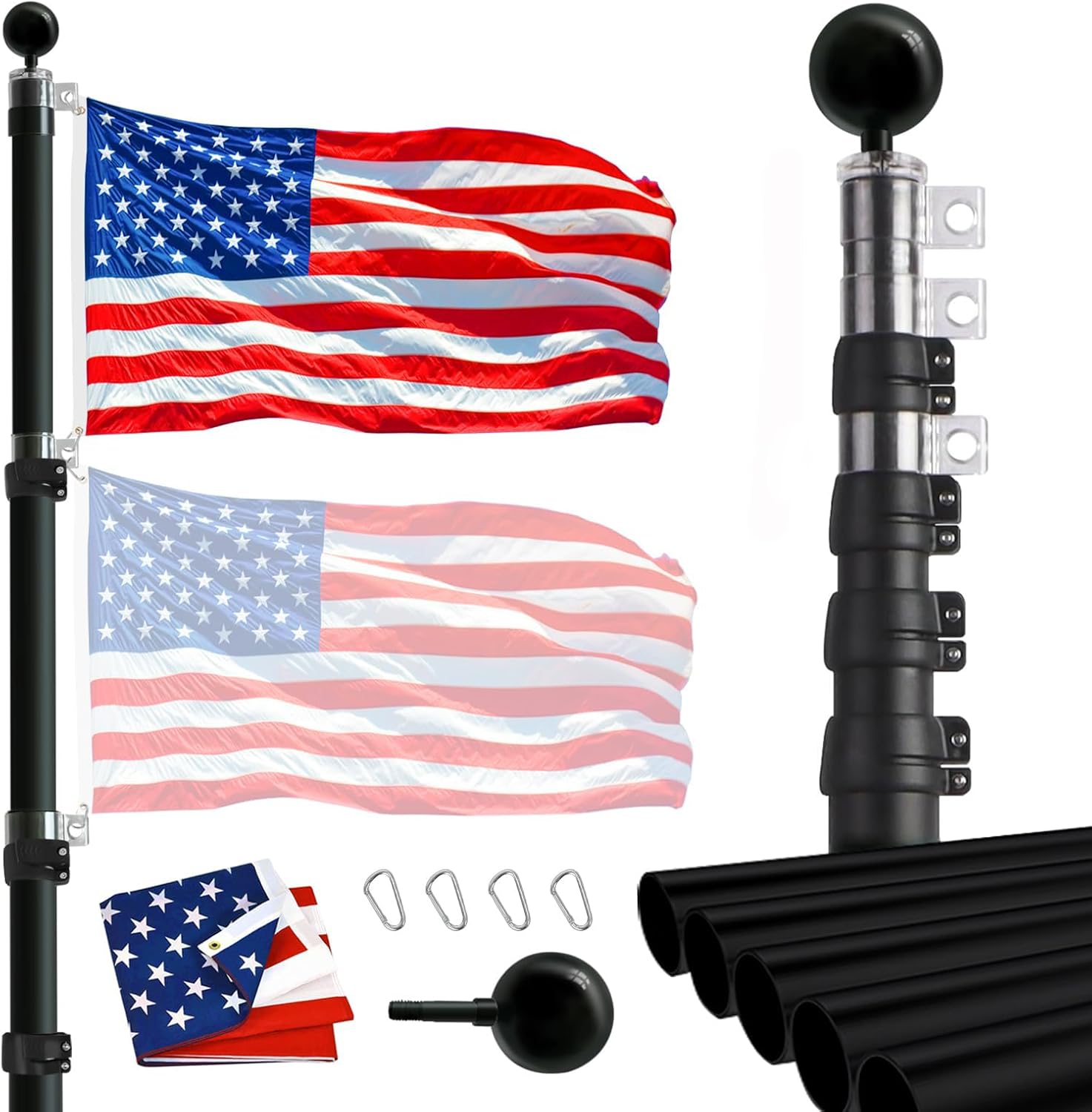 20FT Telescopic Flag Pole Kit, Heavy Duty Aluminum Telescoping Flagpole for Outside House Inground Outdoor Camper RV Tailgate Flagpole with Two 3x5 USA Flags & Black Ball Top, Black