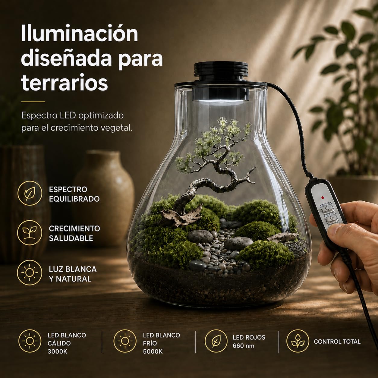Tapa Smart LED para Terrario 10cm con Ventilación Regulable | Tapa metálica negra con USB, temporizador e intensidad ajustable para terrarios y jardines eternos