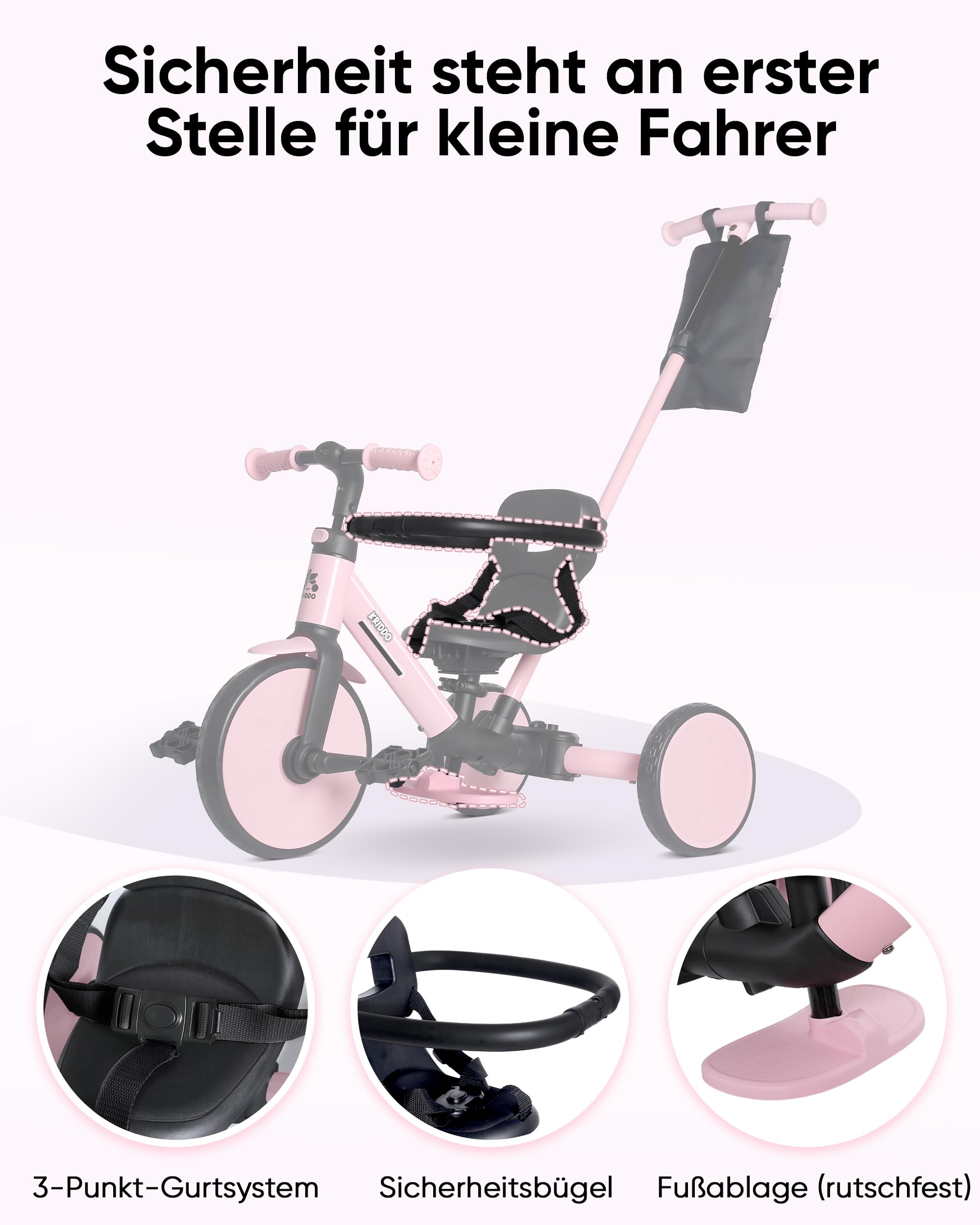 KRIDDO 7-in-1 Kinderdreirad für 1,5–5 Jahre, umwandelbares Baby-Dreirad mit Schubstange, Lenkdreirad & Laufrad, 3-Punkt-Gurt und Aufbewahrungstasche, für Jungen und Mädchen, Rosa