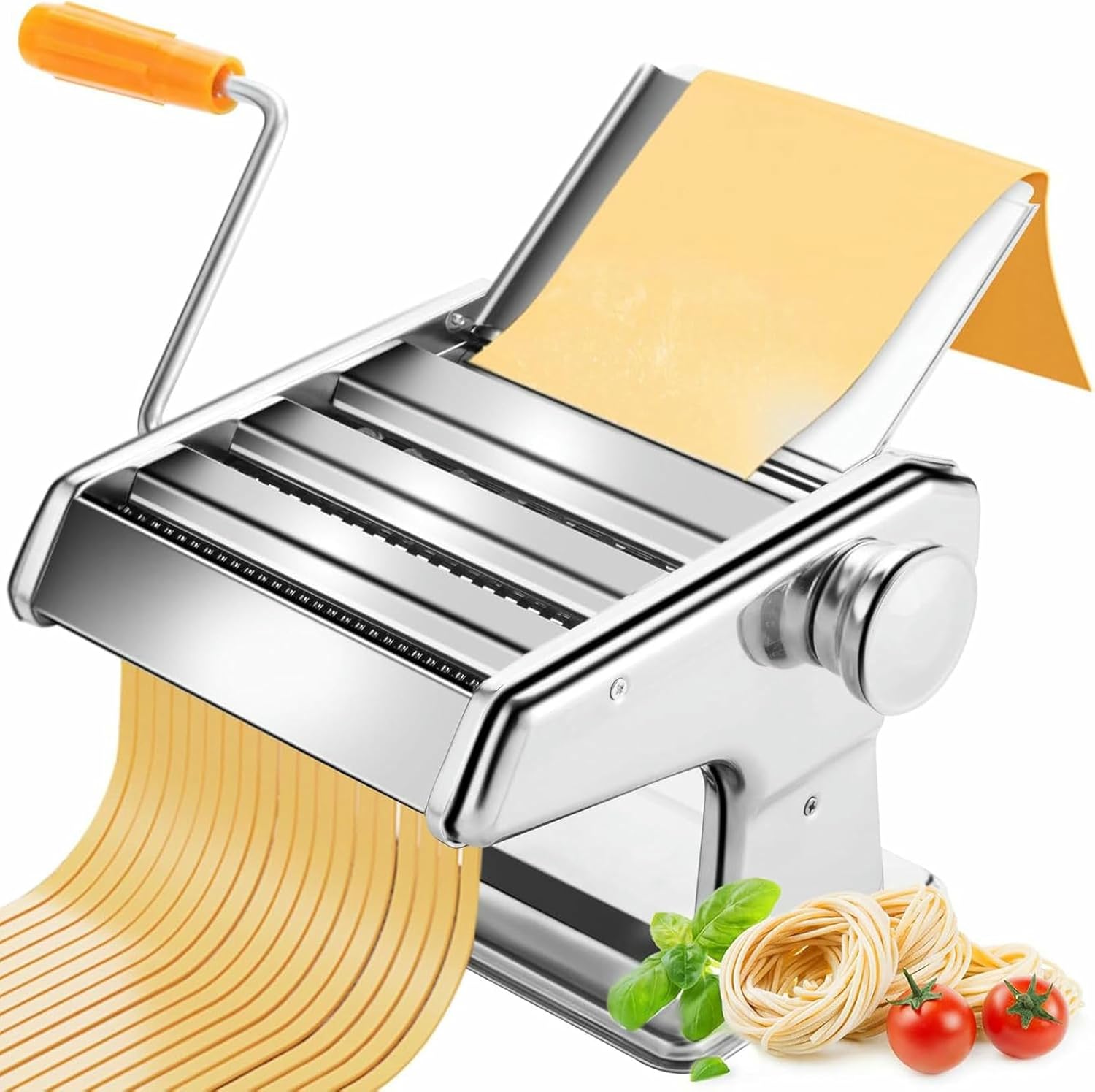 Stainless Steel Pasta Maker, Homemade Pasta Machine with 6 Adjustable Thickness Settings, Manual Noodle Maker Machine for Spaghetti Fettuccini Lasagna - Easy to Operate