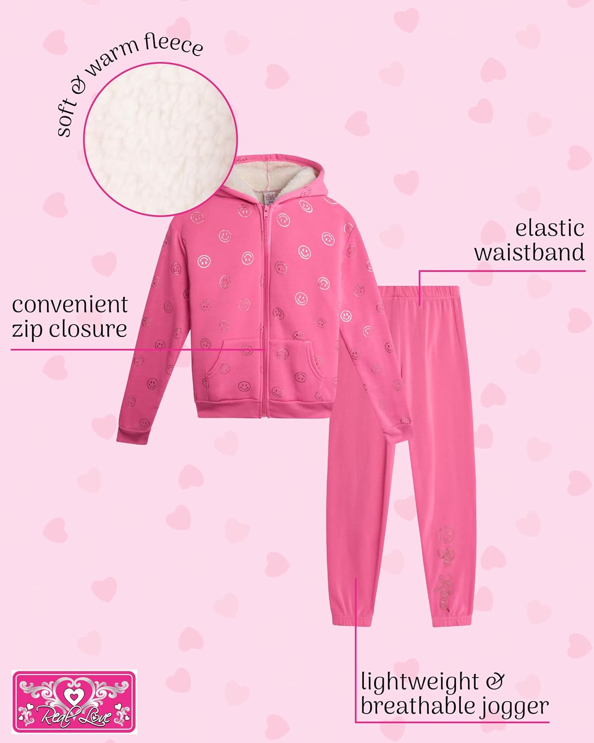 Real Love Girls 2 Piece Zip Hoodie with Sherpa Hood and Jogger Set (7-12)