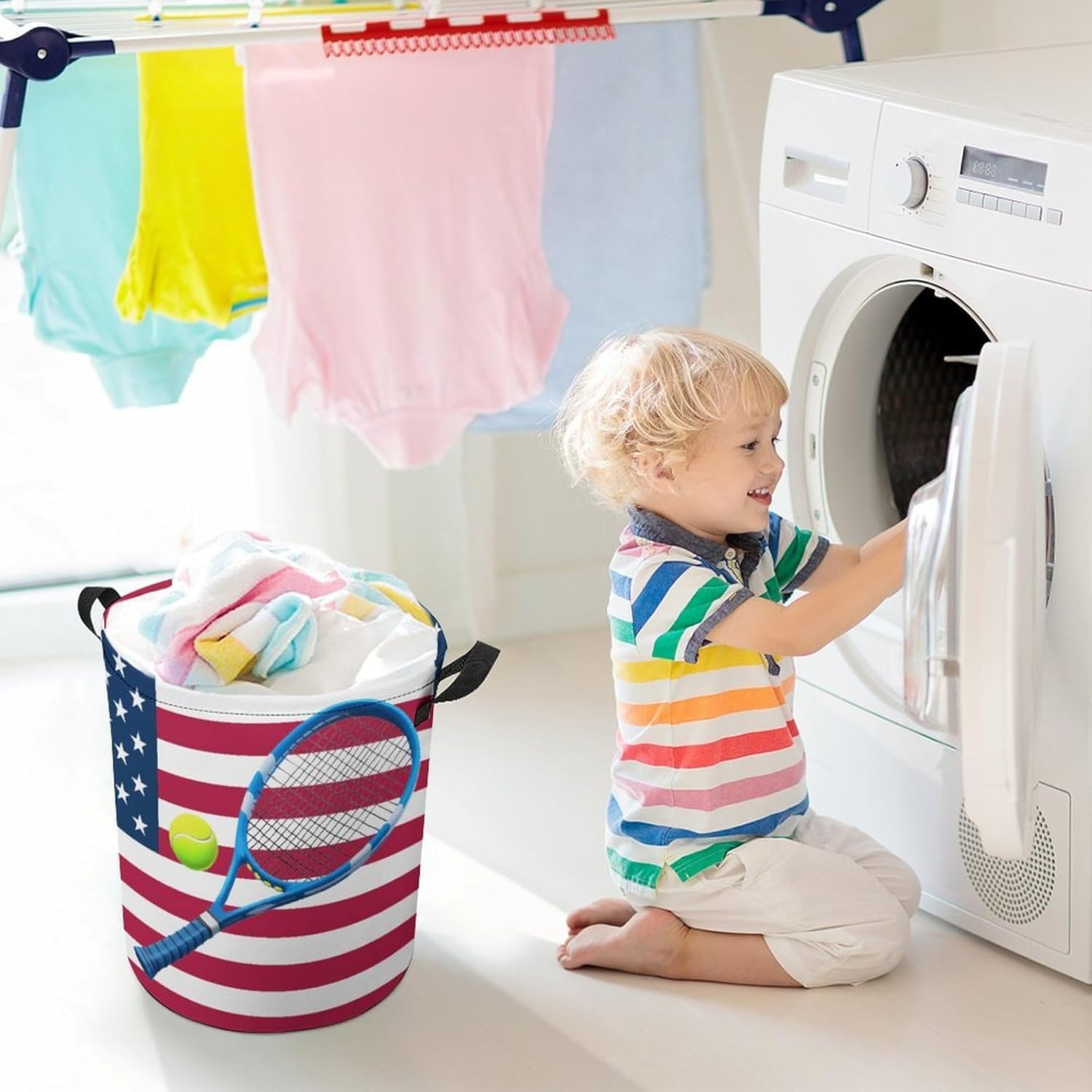 Tennis Ball U.S. Flag Novelty Collapsible Laundry Baskets Waterproof Clothes Hamper Storage Bins with Handles 13.8"x13.8"x17.3" 17.3"x17.3"x17.3"