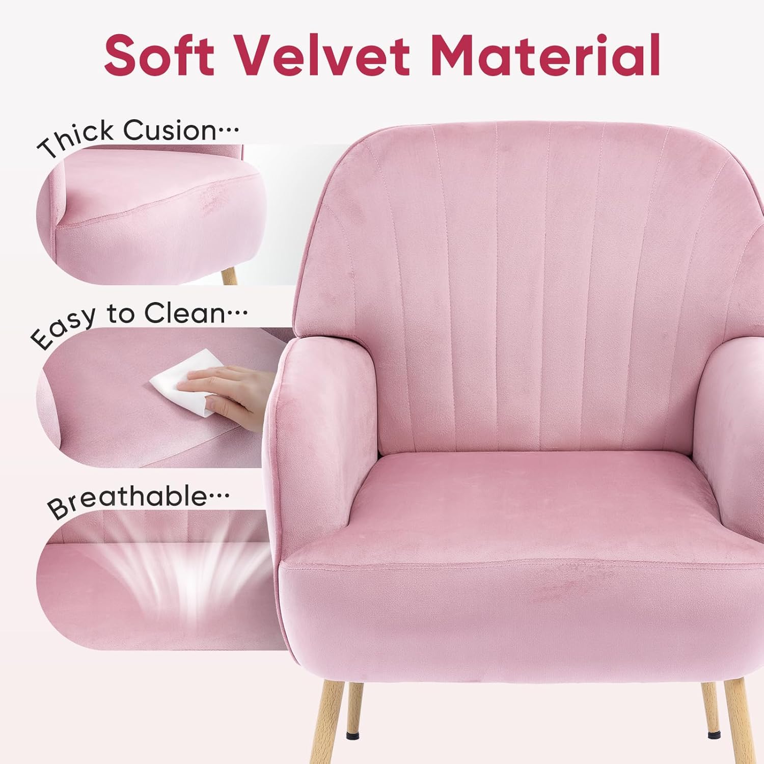 Velvet Accent Chair, Upholstered Modern Leisure Single Sofa Side Chair, Comfy Tufted Back Armchair with Metal Legs for Living Room/Bedroom/Office/Reading Room, Pink
