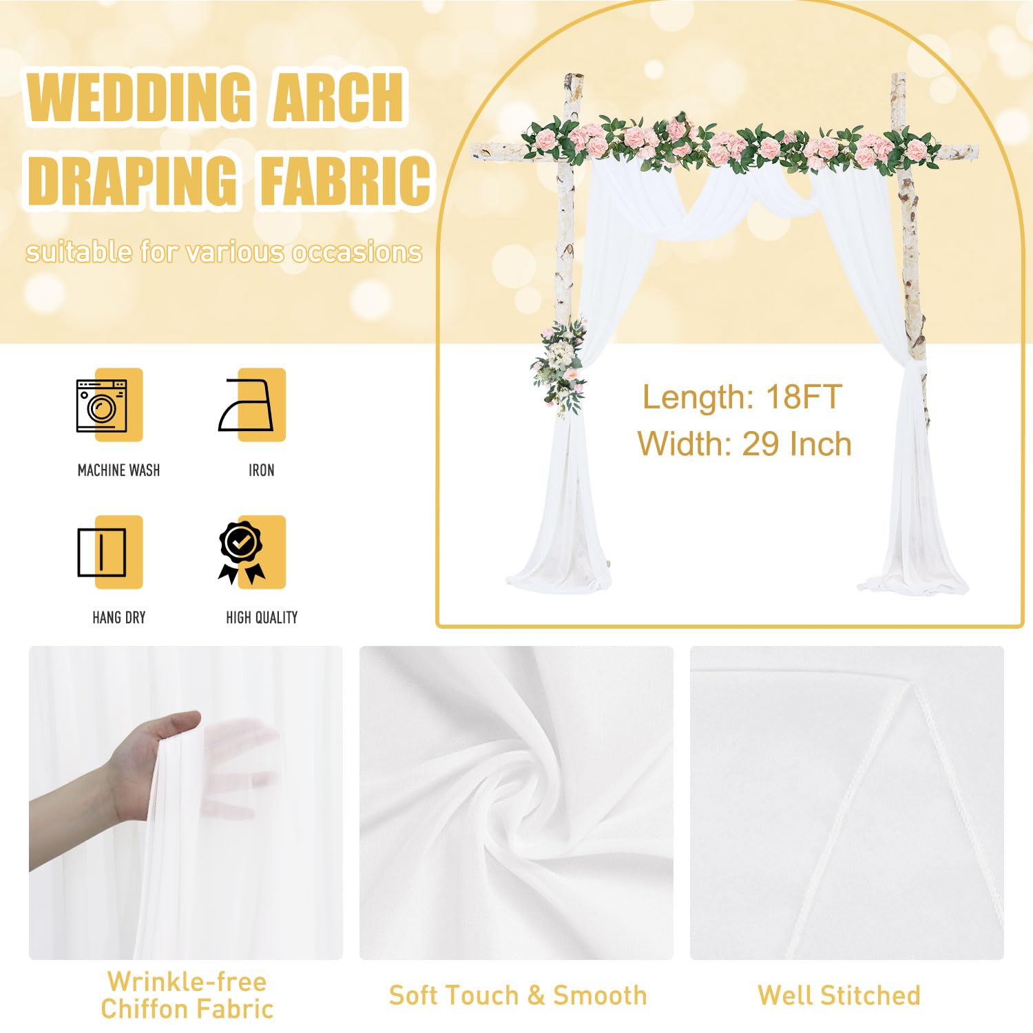 Hochzeitsbogen-Dekostoff 2 Paneele – Je 6 M Lang, Weißer Chiffon, Für Hochzeit, Geburtstag, Party