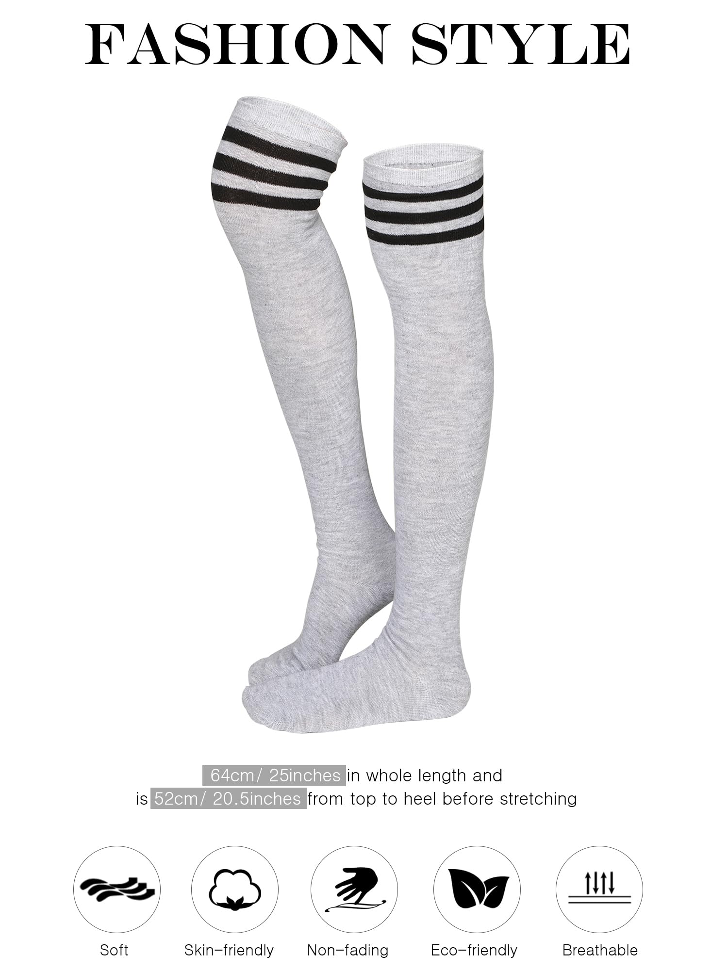 SATINIOR 3 Pairs Knee High Socks Thigh High Triple Stripe over the Knee Socks Long Opaque Thigh Stockings: One Size Black, Dark Gray, Light Gray