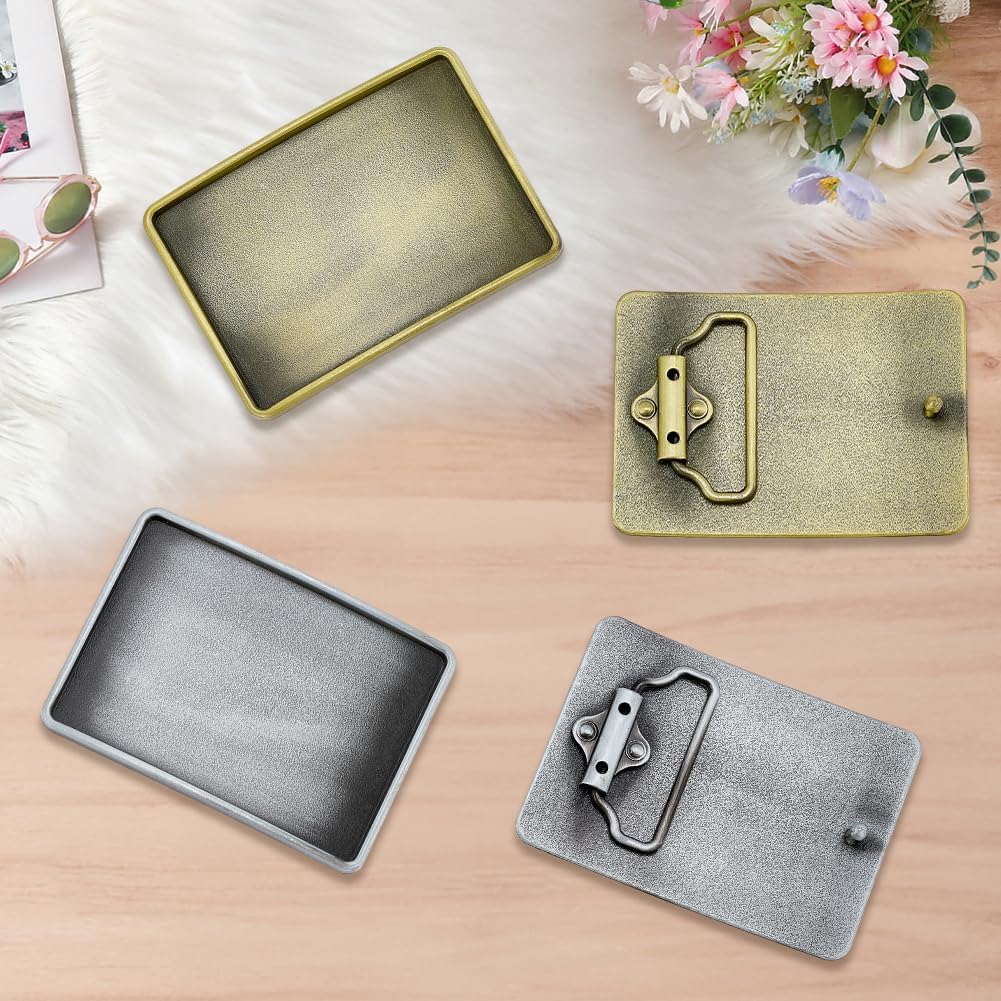 2Pcs Blank Plain Belt Buckle Vintage Western Buckles Rectangle 2.5 x 3.5 Inch Antique Bronze Silve Heavy Duty Metal Replacement Waistband Fastener Repair for Belts Straps Cowboy Women Men