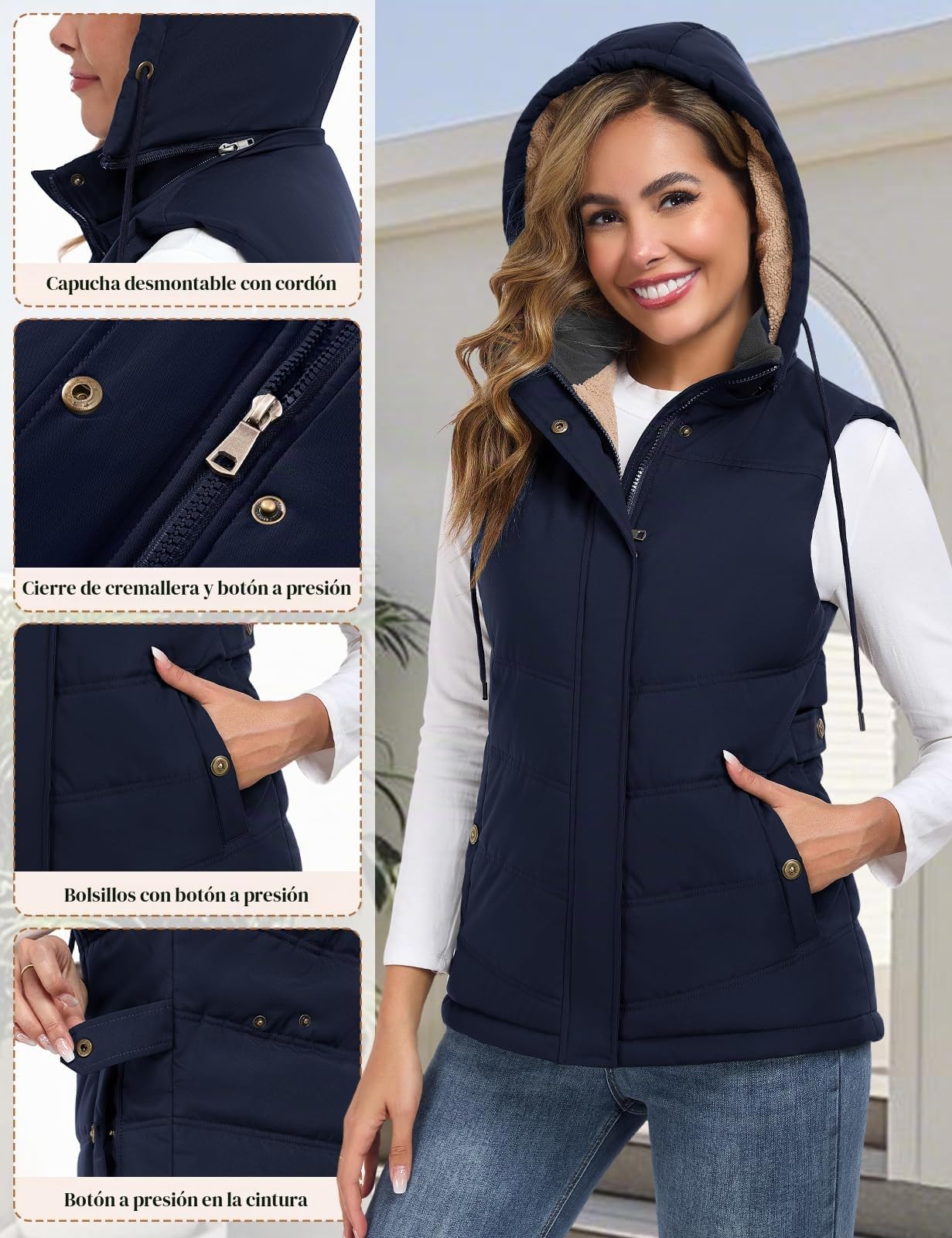 Tuopuda Chaleco Mujer Polar Chaleco Acolchado Invierno Termico Chaquetas sin Mangas con Capucha Desmontable Chalecos Exteriores con Bolsillos Outwear con Cremallera