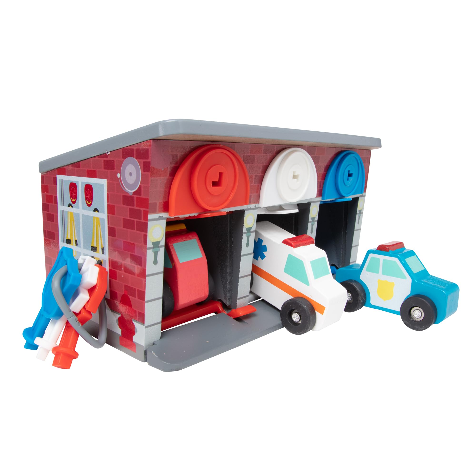 Melissa & Doug - Spielzeug Garage mit Schlüsseln und Rettungsfahrzeugen aus Holz, 7-teilig, für Kinder ab 3 Jahren