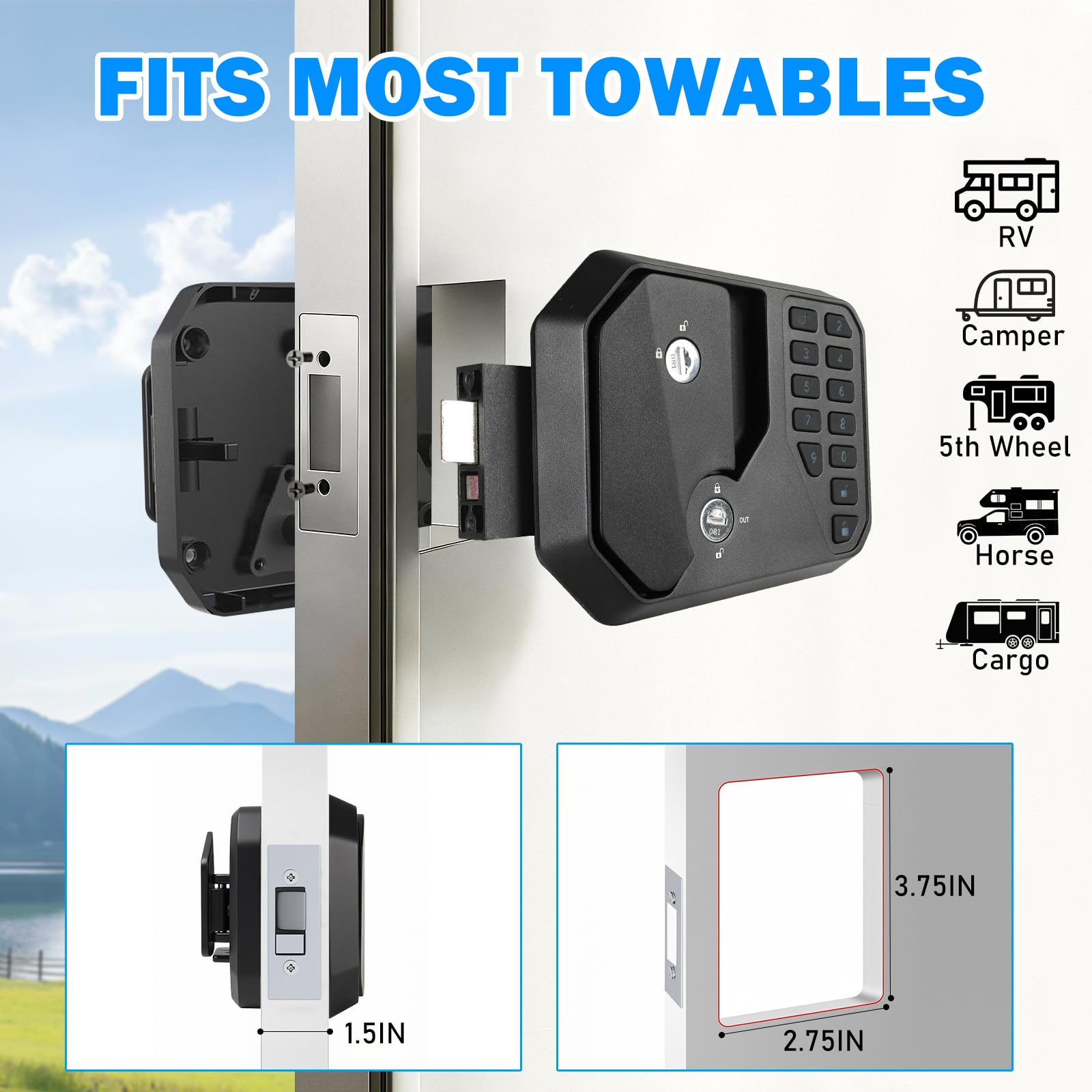 OPL5 RV Door Lock Keyless Entry with Remote and Password, Waterproof Aluminum Alloy RV Camper Door Latch for RVs with Standard Openings (3.75" x 2.75" x 1.5") - 3
