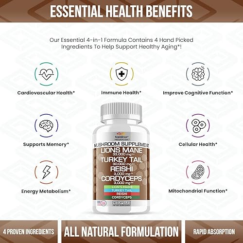 Miniatura 4 de Stamiron Suplemento de melena de leones, cápsulas de hongos de cola de pavo con extracto de Cordyceps y hongos Reishi, gomitas alternativas a