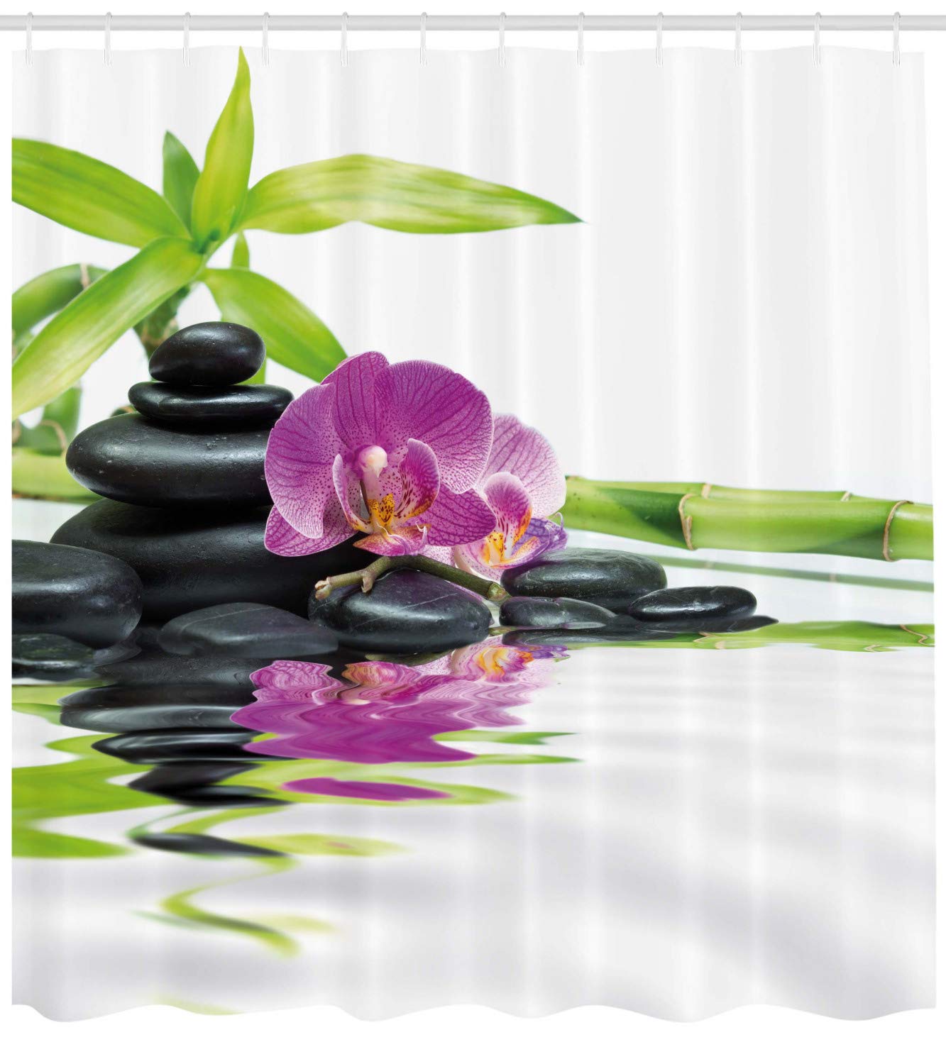 ABAKUHAUS Spa Shower Curtain, Relaxation Ways Massage Stone Orchid and Bamboo Print - Image 2