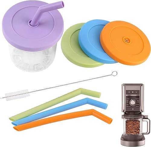 IMPRESA Paquete de 4 popotes de silicona y tapa reutilizable para Ninja Creami NC300, NC301 y NC299AMZ - Pajitas reutilizables gruesas y tapas de