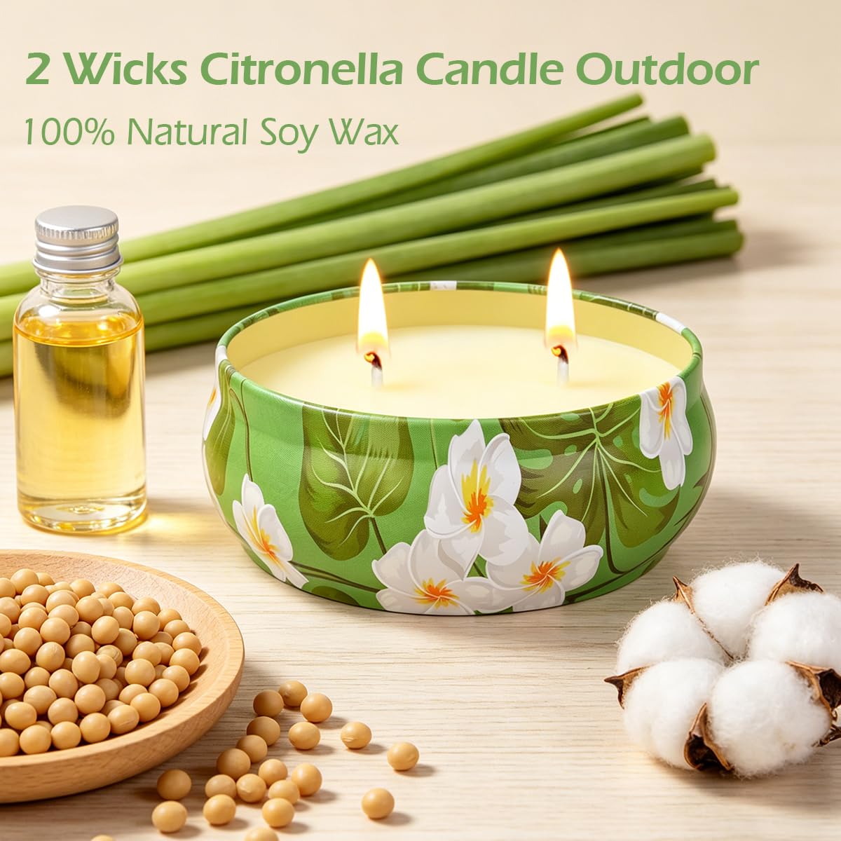 Candele alla citronella per esterni, 300 ore, candela alla citronella da giardino con 2 stoppini