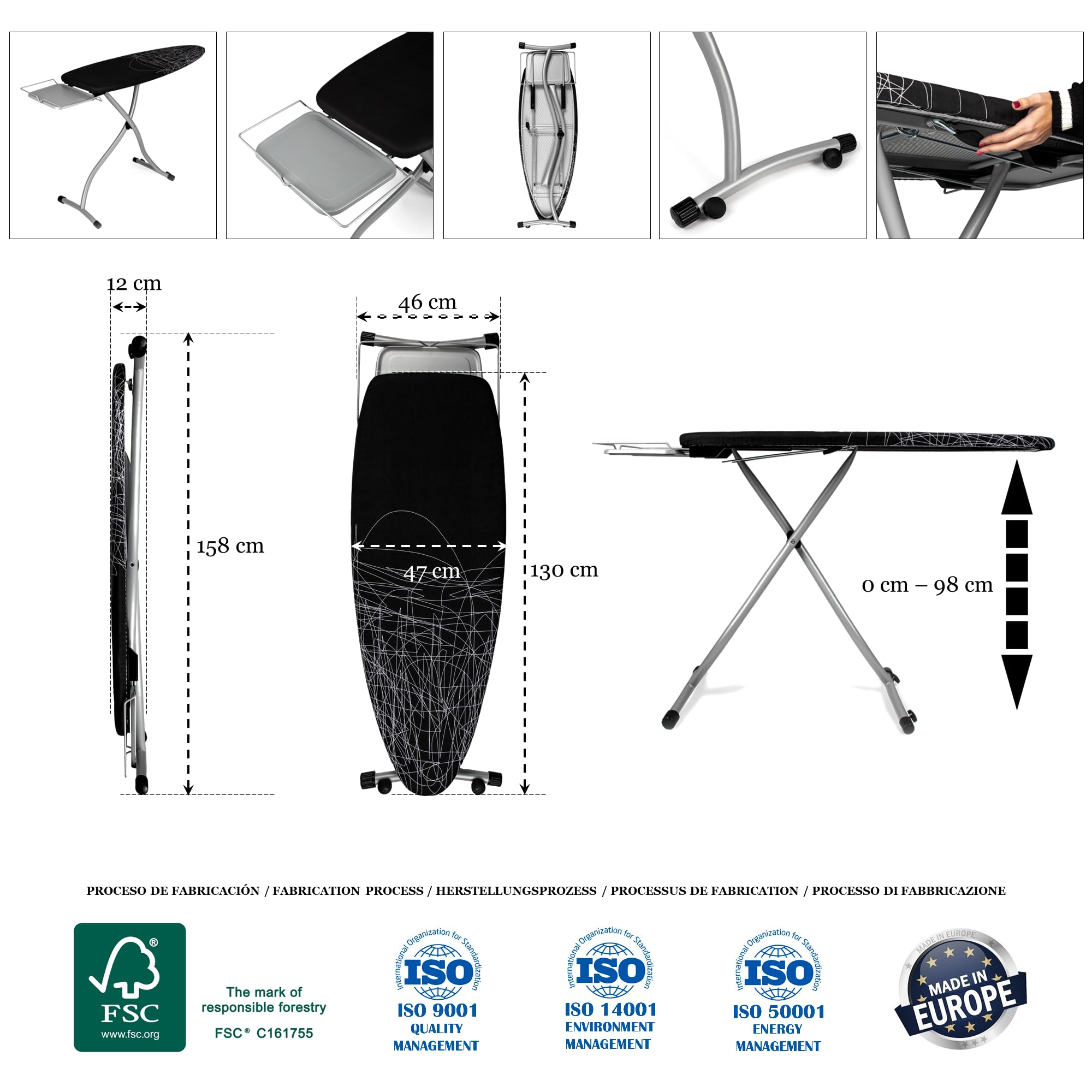 Tabla de Planchar Grande y Profesional | 130x47 cm | Plegable y Robusta | Altura Ajustable con Ruedas | Superficie XXL Ancha | Estable | ideal Centros de Planchado | Fabricada en Europa