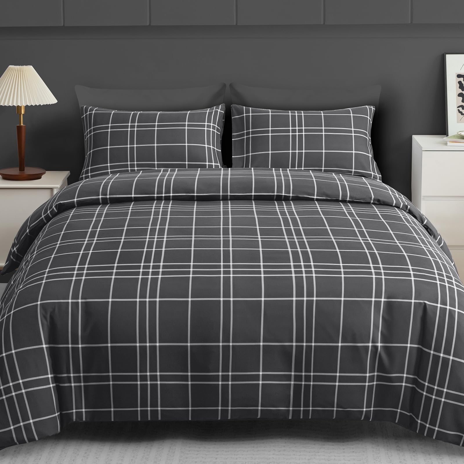 Grace Charcoal King Size Duvet Cover Sets - Premium Microfiber Kingsize Duvet Cover Sets (220 X 230 Cm) 3 Pcs - Ultrasoft Hypoallergenic Reversible Bedding Set With Zipper Closure