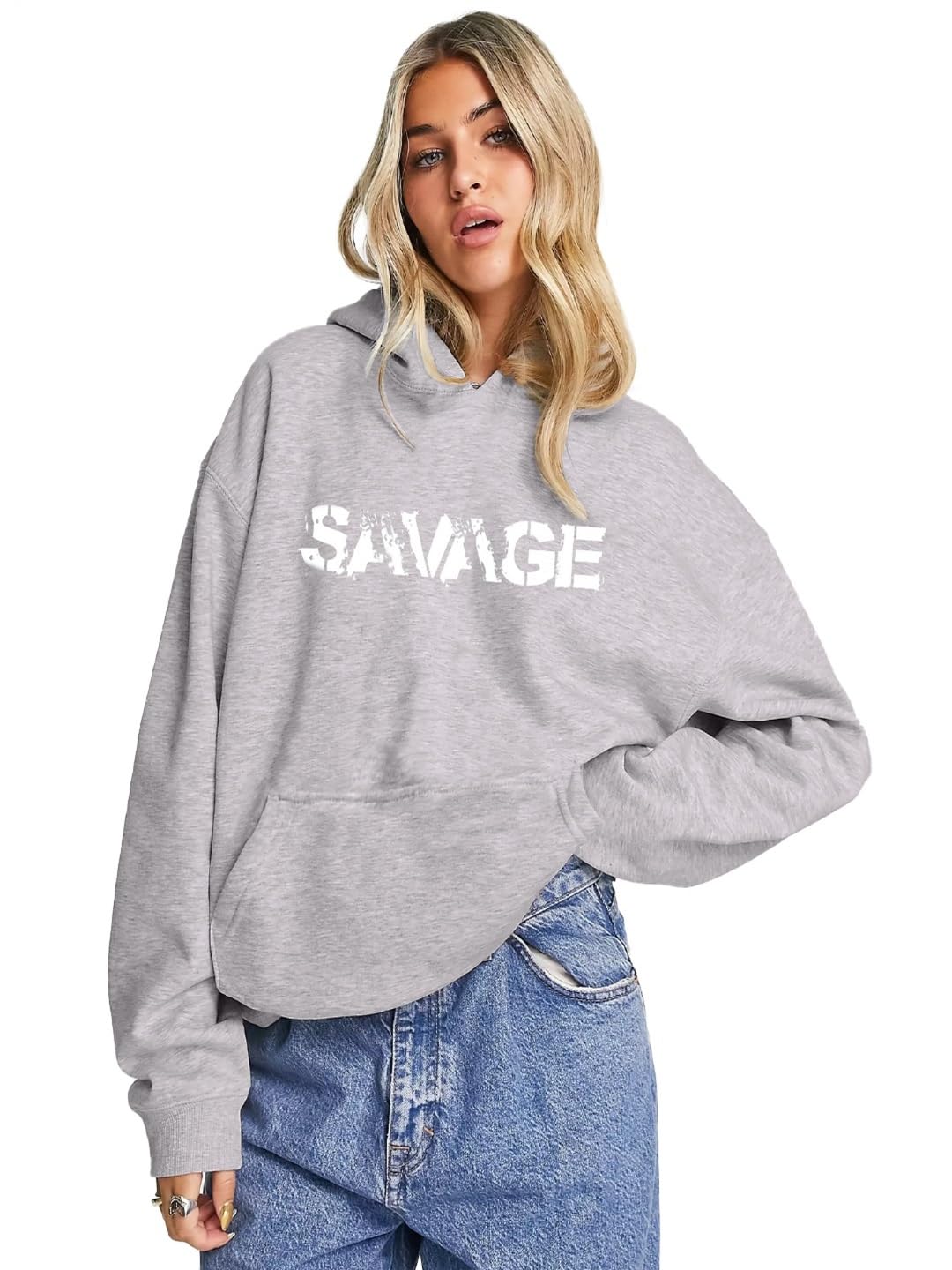 Women Graphic Print Grey Loose Fit Sweatshirt with Hood Material Loopknit-image-45