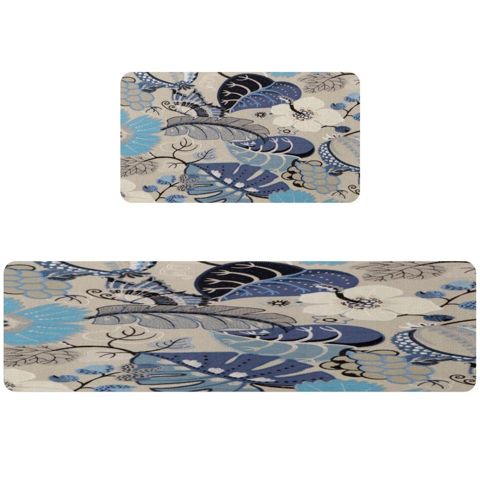 Lot de 2 tapis de cuisine brodés feuilles et fleurs antidérapants