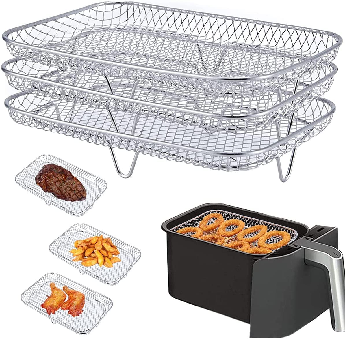 Air Fryer Racks for Ninja, 3 Layer Stackable Dehydrator Rack Stainless Steel Multi-Layer Air Fryer Basket Tray, Air Fryer Accessories for Oven and Press Cooker(rectangle)