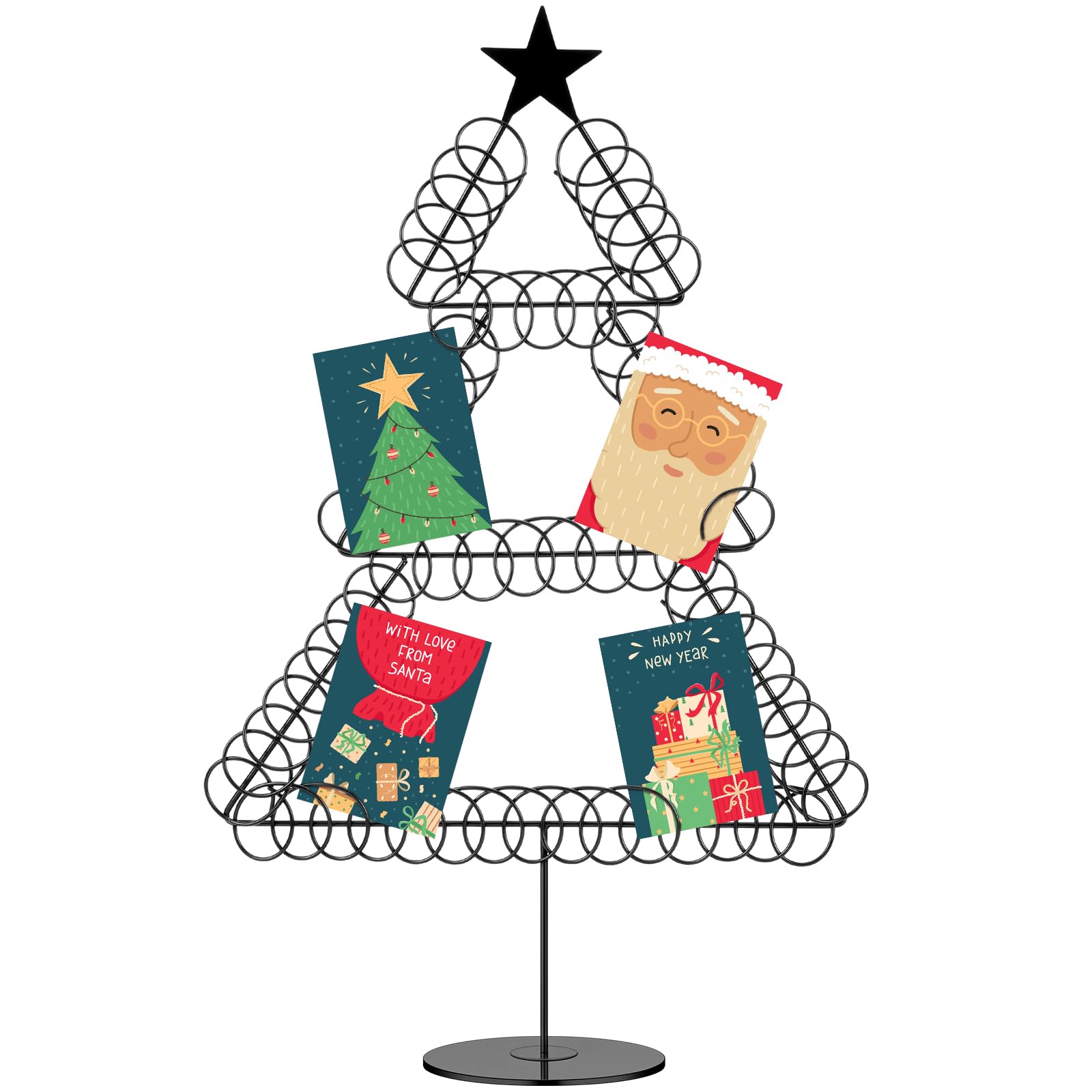 MorningRo Metal Christmas Card Holder Wreath Xmas Card Display Spiral Photo Holder Decorative Tabletop Photo Rack Spiral Wreath for Holiday Party Picture Table Gift (Black,Tree)