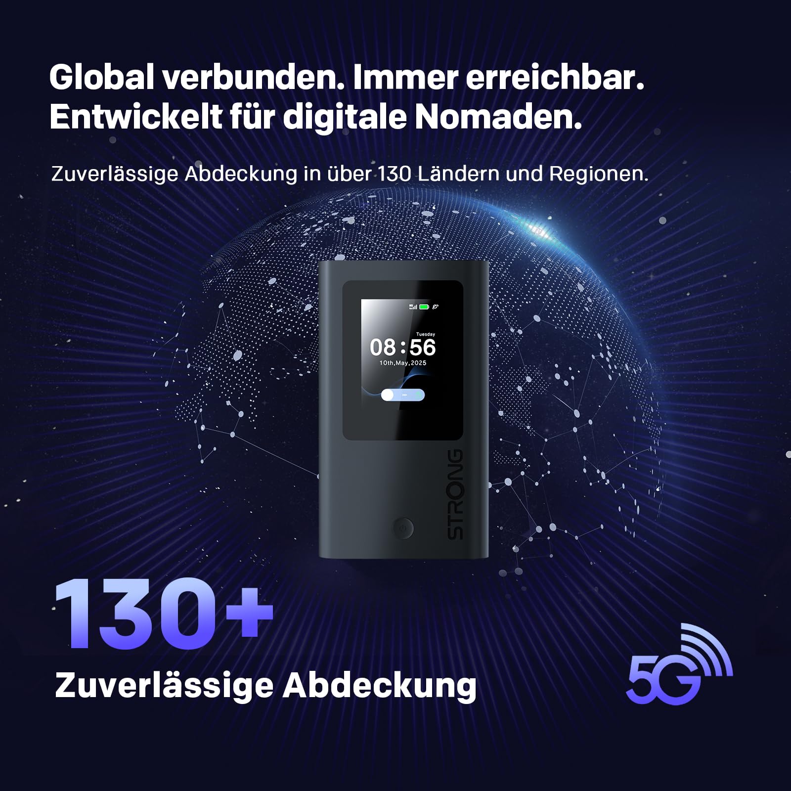 STRONG 5G+ HOPI Mobiler WLAN Router mit 5 GB Daten, Tragbarer Dual Band WLAN 6 AX1800 Router mit eSIM, bis zu 3,4 Gbit/s Downloadspeed, 4500 mAh Akku, USB C Port, Powerbank Funktion, Schwarz