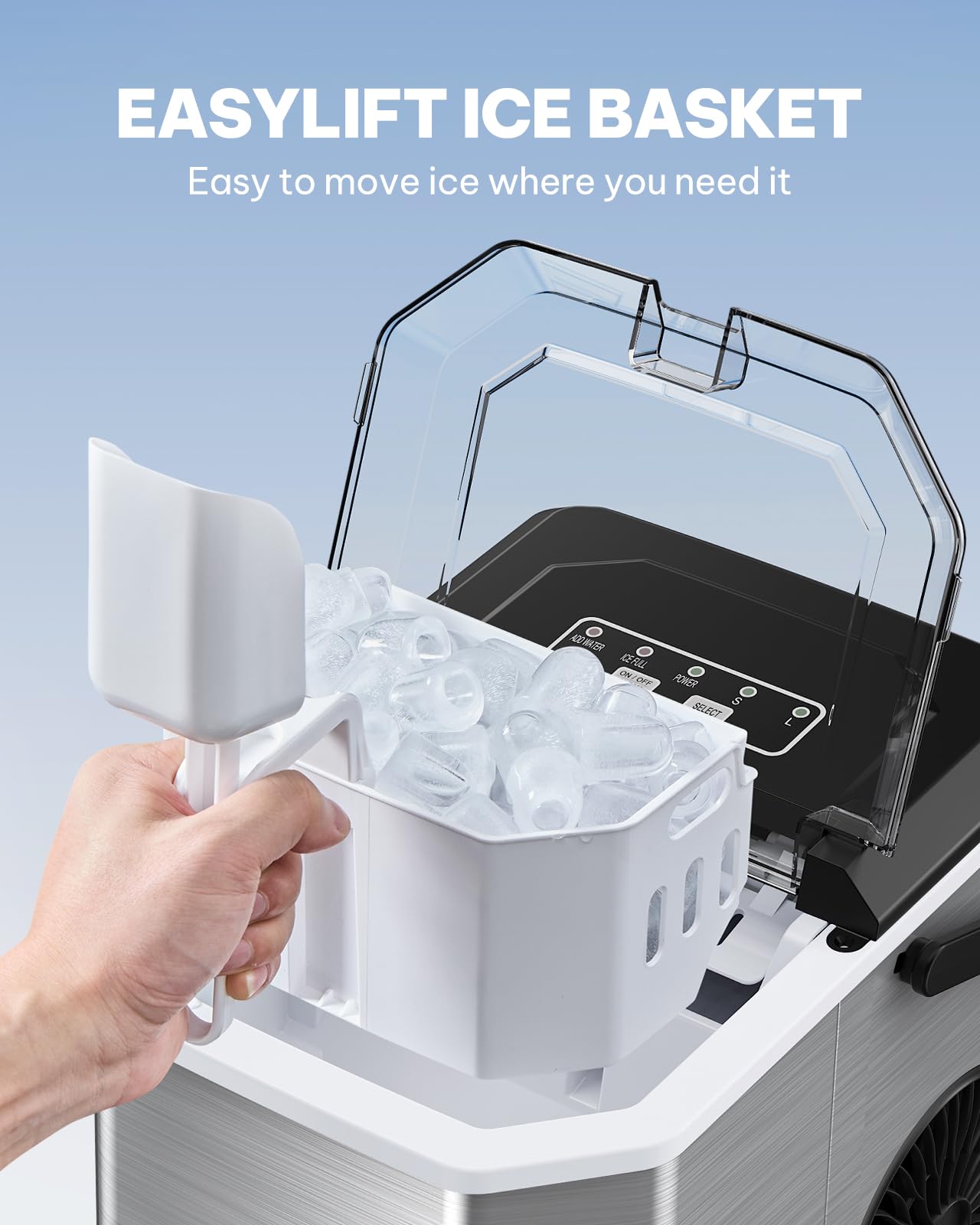 Silonn Máquina de hielo para encimera, máquina de hielo portátil con asa de transporte, máquina de cubitos de hielo autolimpiable con cesta y cuchara, 9 cubos en 6 minutos, 12 kg por día, ideal para