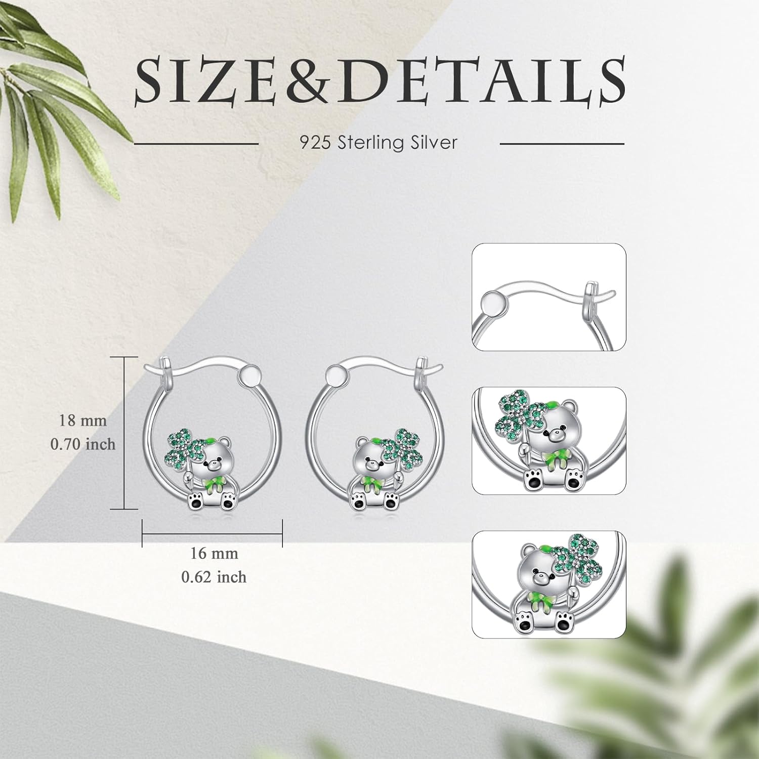 Teddy Bear Earrings for Women 925 Sterling Silver Bear Hoop Earrings with Shamrock Jewelry Gifts
