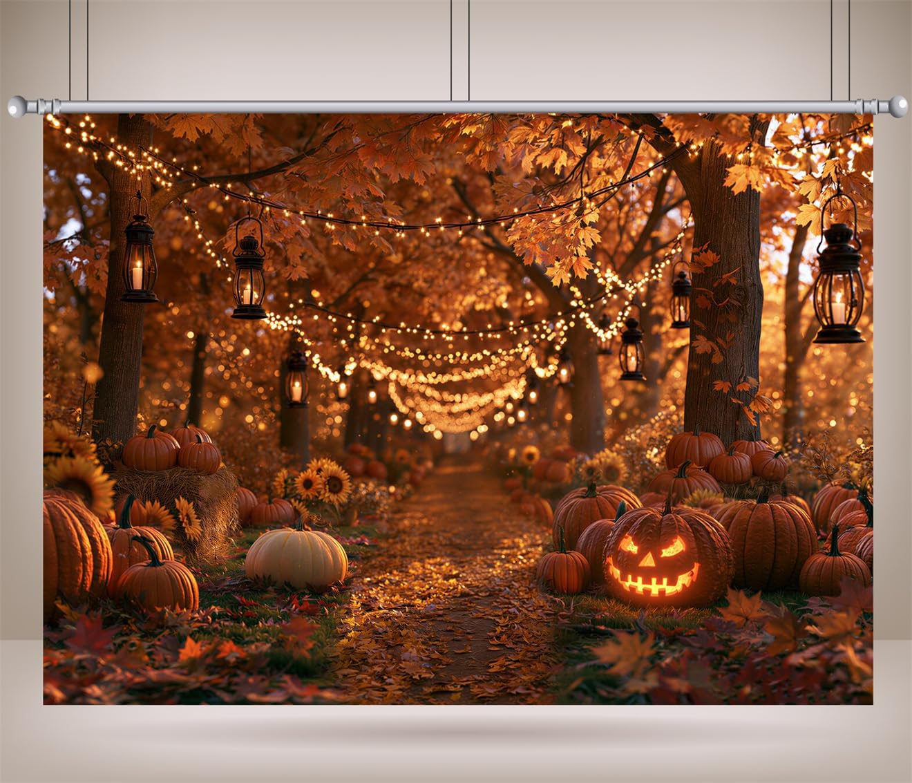 10x8FT (3x2.5m) Sentiero Di Festa Autunnale Con Zucca Sfondo Fotografico | Sentiero Festivo Nel Bosco Con Zucche Fondale In Tessuto,Lucine Lanterne,Per Feste Halloween E Foto In Costume,Photo Booth
