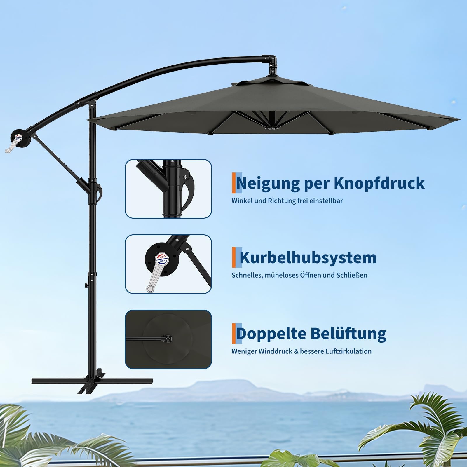 Sombrilla redonda de 3 m exterior con manivela, parasol voladizo reclinable y giratorio 360°, base cruzada, bolsa de transporte, impermeable y anti UPF 50+, para jardín, terraza, balcón, piscina