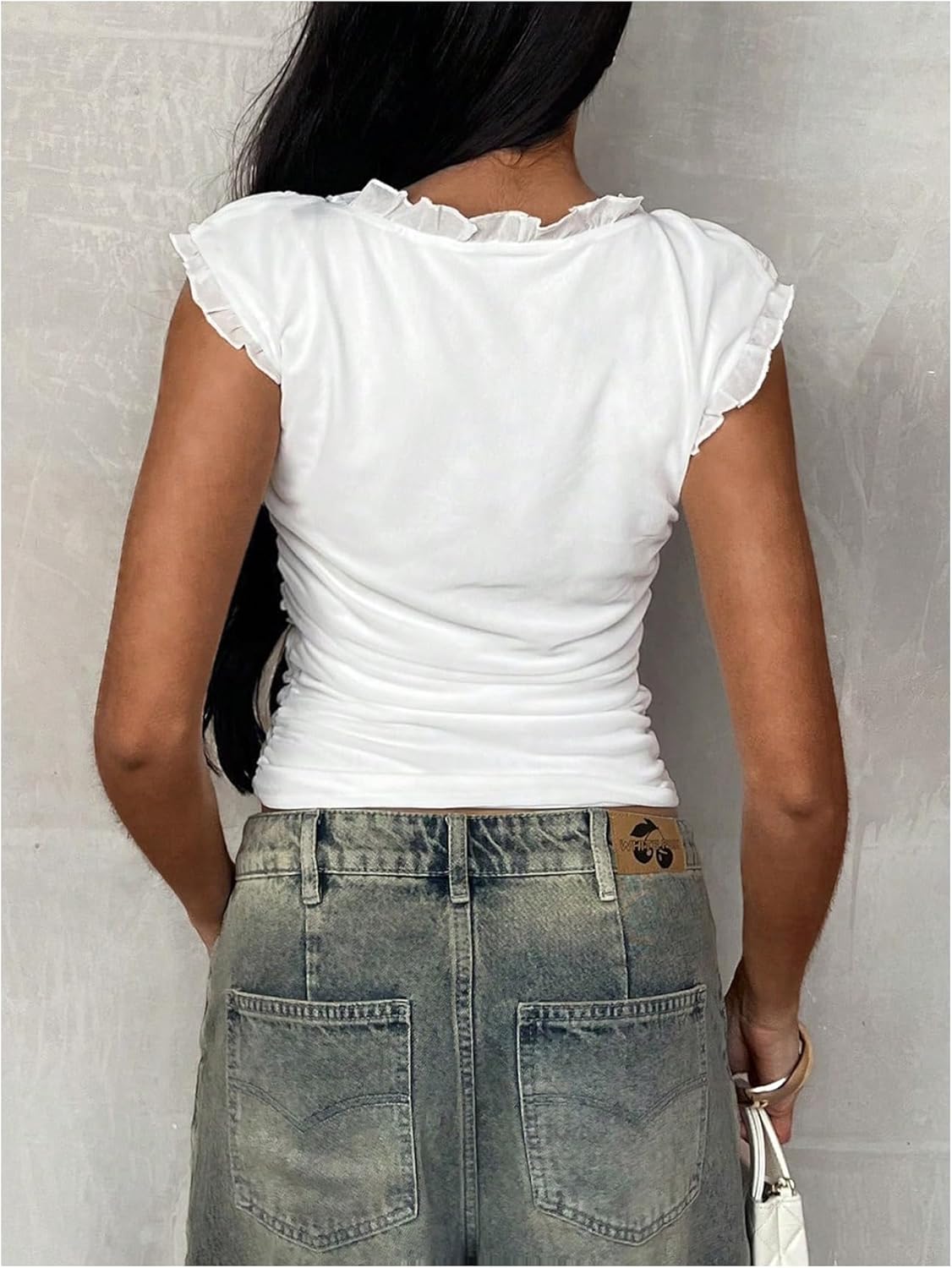 Floerns Women's Ruched Sleeveless T Shirts Mesh Frill Trim V Neck Fitted Tank Tops - Image 3