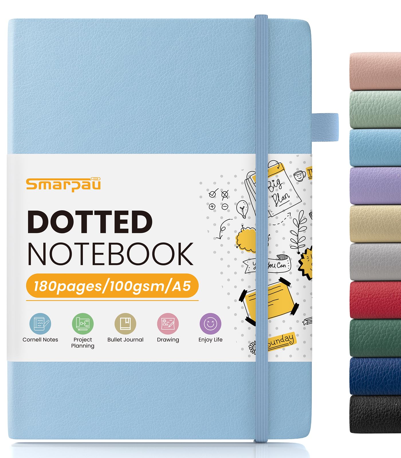 Smarpau Dotted Notebook A5, Bullet Dot Grid Journal with 180 Pages, 100 GSM Thick Paper No Bleed, Leather Journal for Office School Travel Writing, 14.5 X 21 cm - Blue