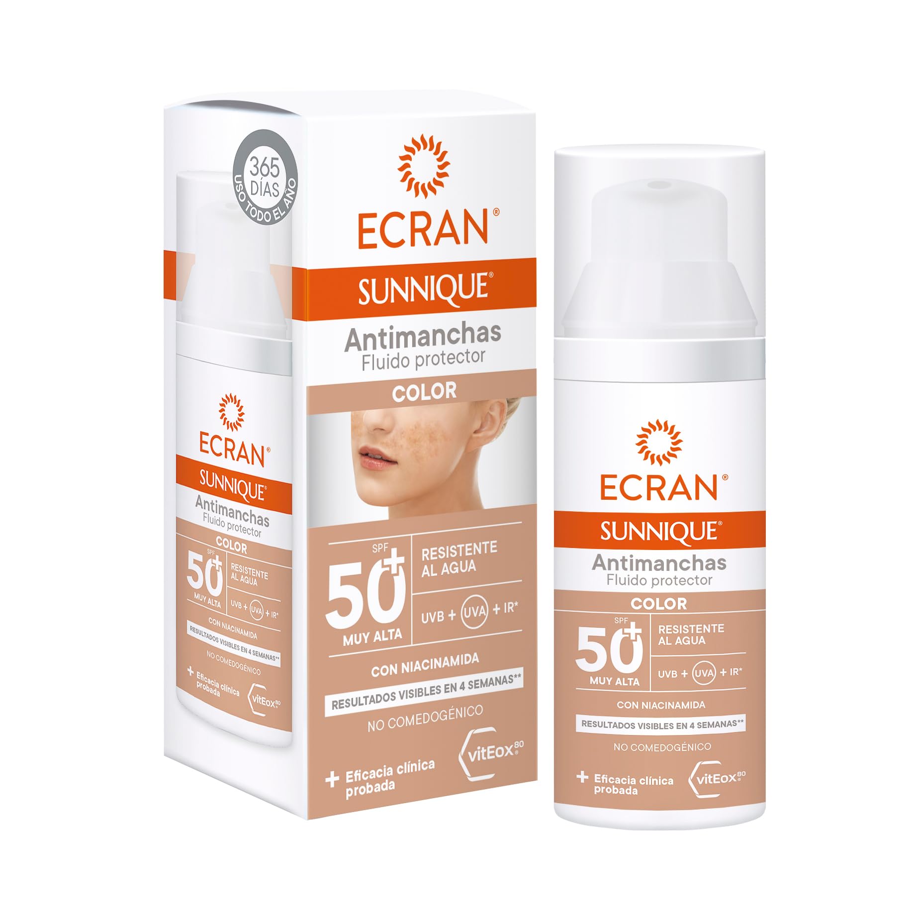 Ecran Sunnique - Fluido Protector Solar SPF 50, con Color, Antimanchas, Protege de Quemaduras, Corrige Imperfecciones, Unifica el Tono de la Piel, Fórmula con VitEox 80 - 50 ml