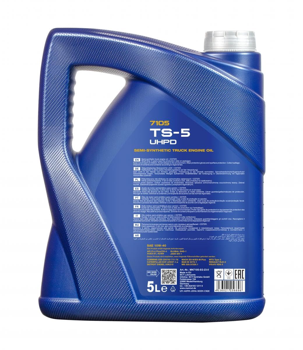 MANNOL Aceite de motor 10W-40 TS-5 ACEA E7 ACEA A3/B4 API CI-4 API CH-4 API SL UHPD 5L Compatible con MERCEDES-BENZ Clase C T-modell S204 Clase E T-modell S212 Clase E Sedán W212 Clase C Sedán W204