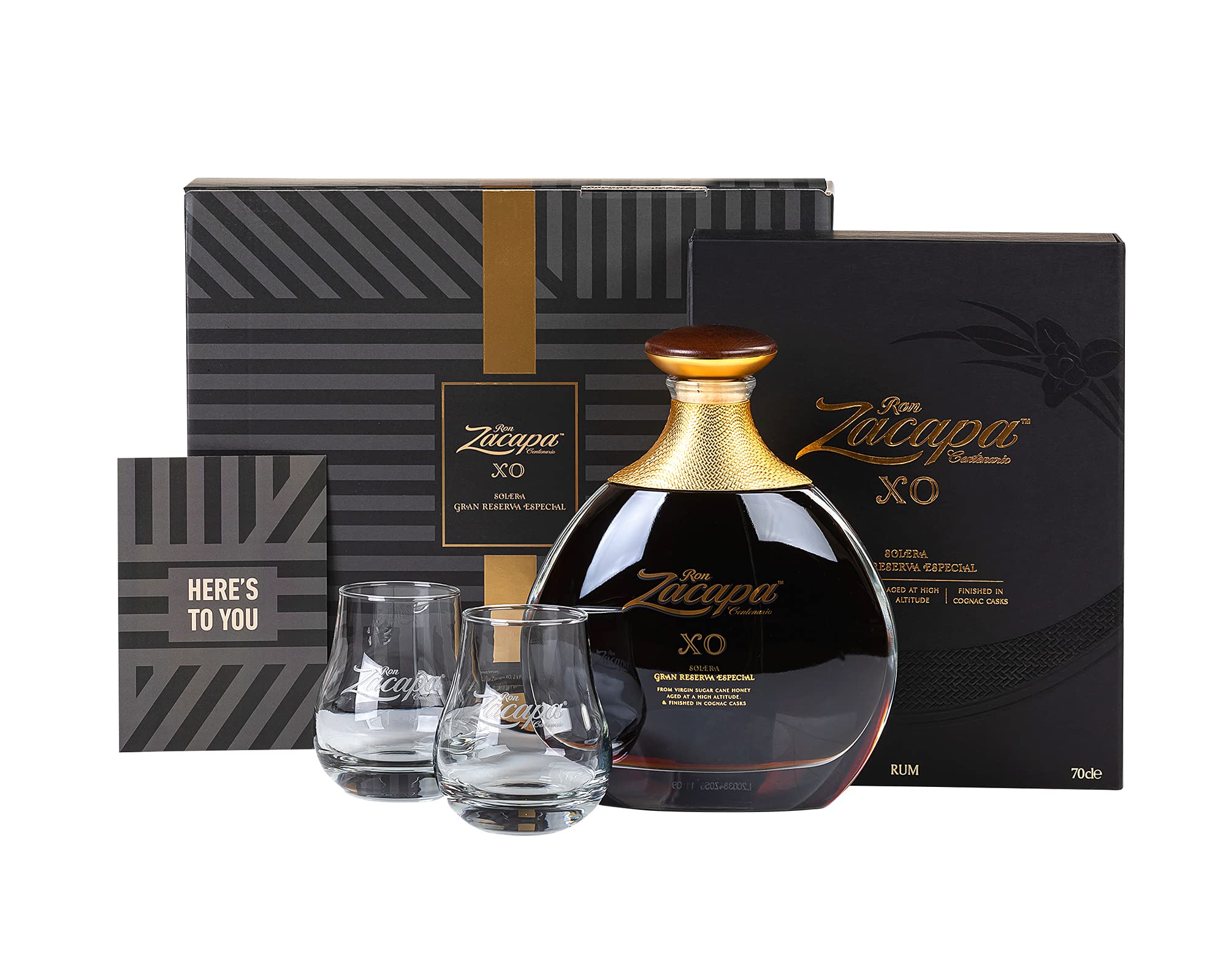 Zacapa Ron XO, Premium Rum, im hochwertigen Geschenkset mit Gläsern & Grußkarte, Exotisch-klassischer, handverlesen auf südamerikanischem Boden, 40 % vol, 700ml Einzelflasche