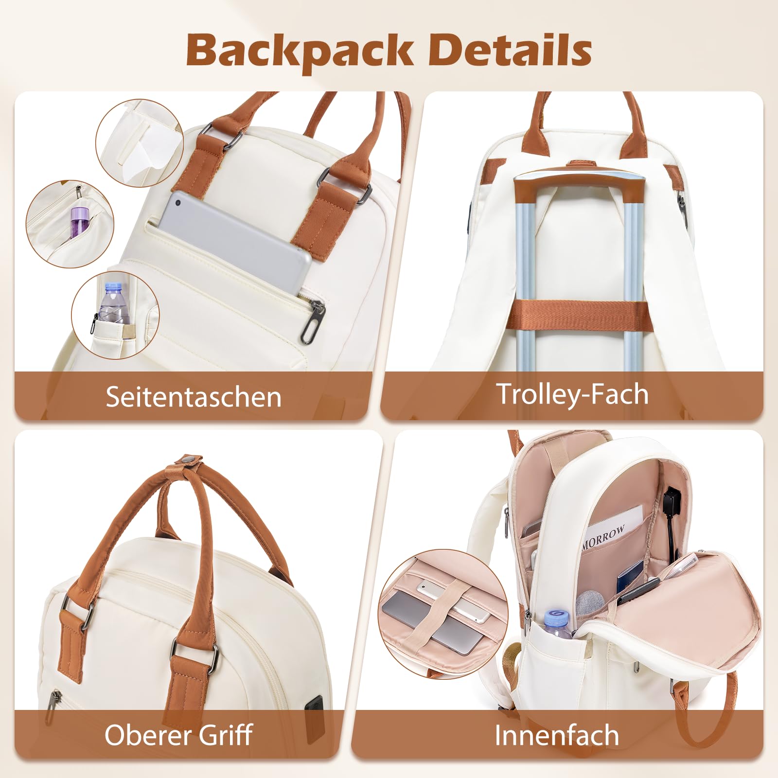 COOLIFE Koffer Trolley Koffer Reisekoffer von ABS Hartschalen Trolley 4 Rollen TSA-Schloss Der Koffer Enthält 1 Reiserucksack und 1 Kulturbeutel (Blau/Braun, Handgepäck-Set 3tlg)