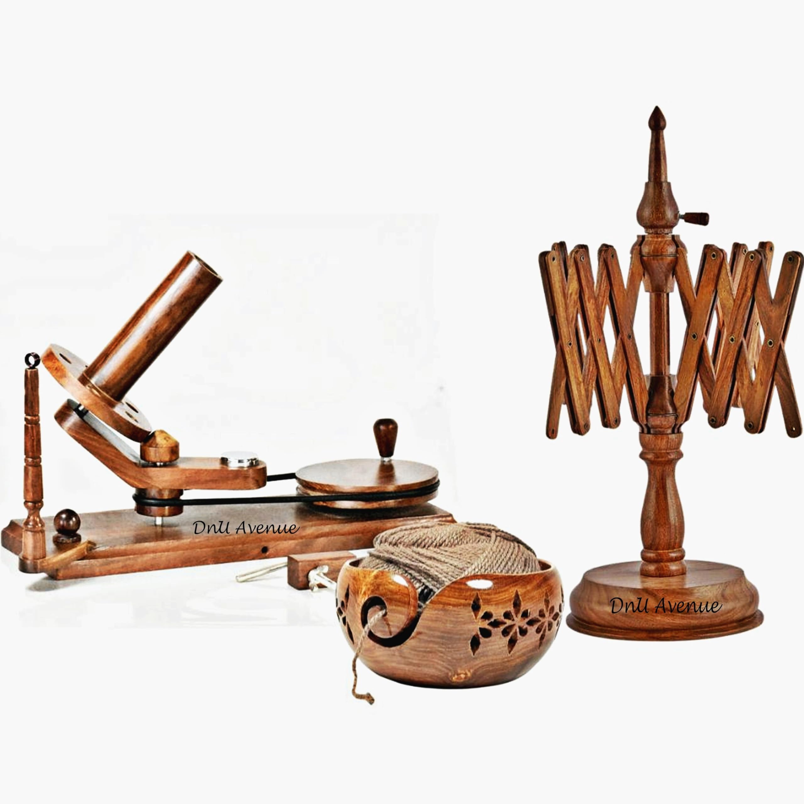 DnU Avenue Hand Operated Yarn Ball Winder, Table Top Yarn Swift, Wooden Yarn Winder for Crocheting, Yarn Winder for Knitting Combo, Yarn Winder Swift Combo and Yarn Storage Bowl (Indian Rosewood)
