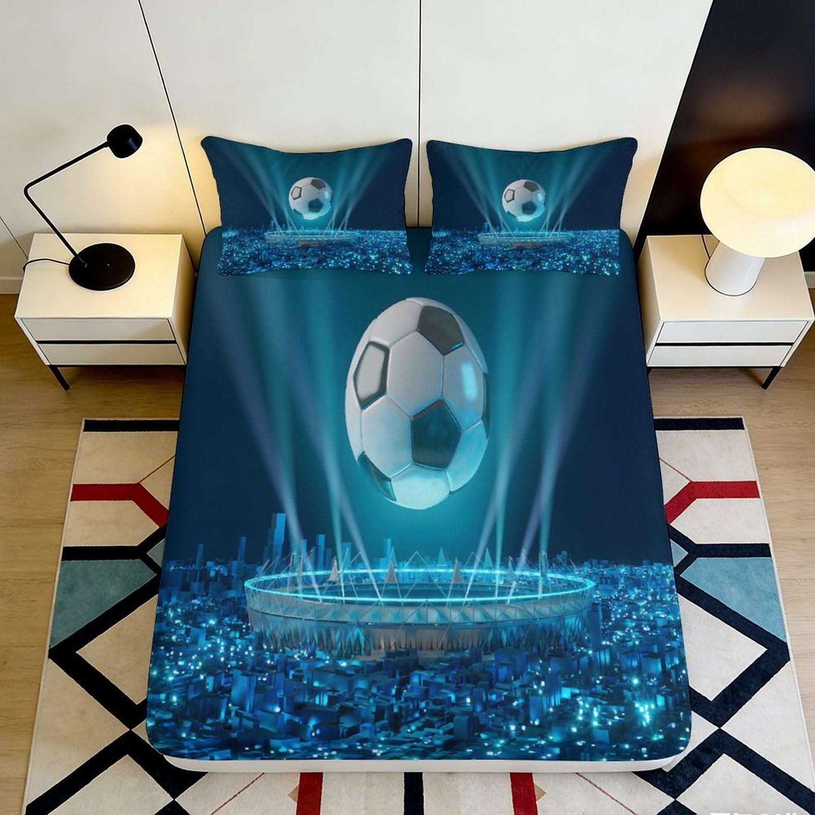 3D Printed Football Stadium Fitted Sheet Microfiber Non-Slip Bed Cover for Bedroom Dorm Mattress Protection Decor 140x200x25cm