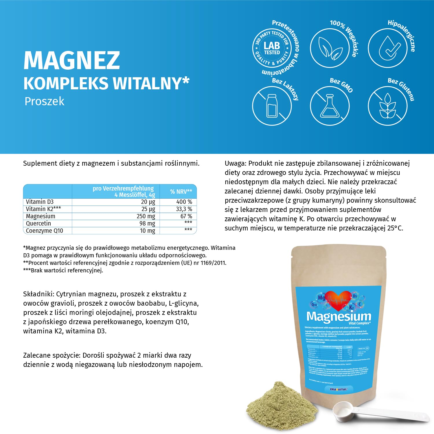 Magnesium Vitalkomplex Pulver mit Magnesium-Citrat, Baobab Fruchtpulver, L-Glycin, Coenzym Q10, Vitamin K2, Vitamin D3. Vegan (500 g (1 er Pack))