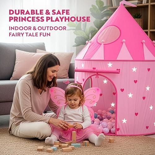 Miniatura 7 de Playz Princess Castle - Tienda de campaña desplegable y juego de disfraces - Tienda de campaña rosa para niñas con estrellas que brillan en la