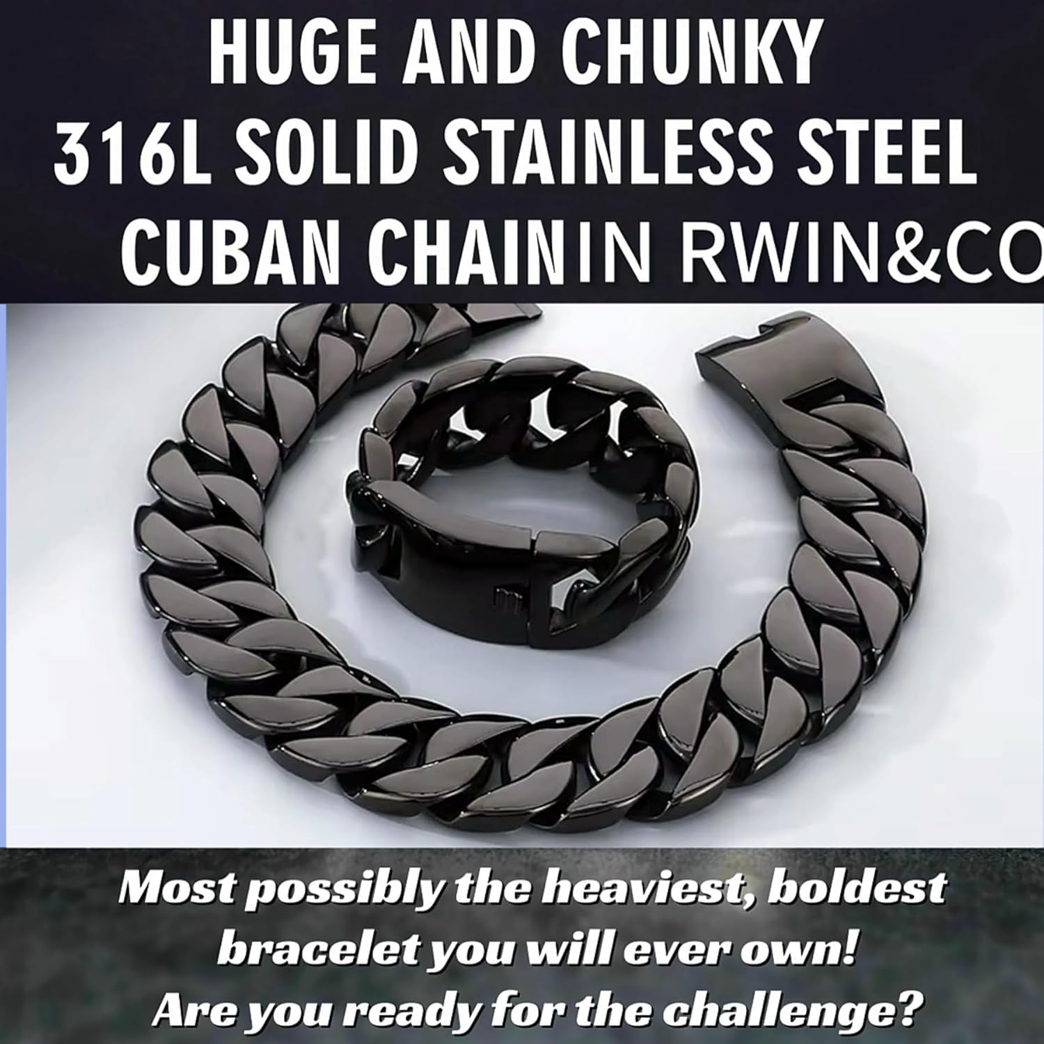 ROWIN&CO Jewelry Huge 32mm Chunky Chain Necklace Heavy Sturdy Black 316L Stainless Steel Hip Hop Punk Fashion Party Gift for Men Women Cuban Chain, 8.66-35 Inch - Image 2