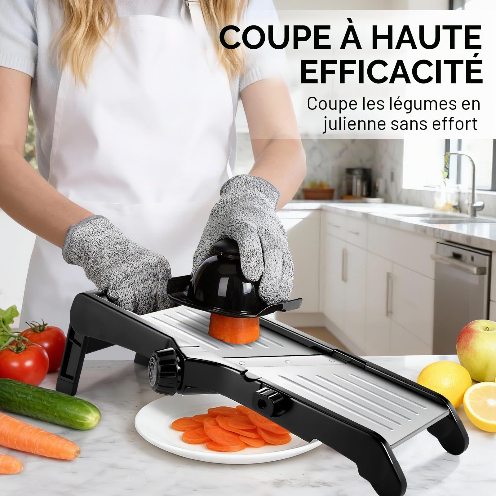 Masthome Mandoline Cuisine Professionnelle Inox, 10 modes de coupe | 10 en1 (tranches 3/6/9mm, julienne 4.5/9mm), 2 lames pivotantes, gants anti-coupure, protège-main et brosse.