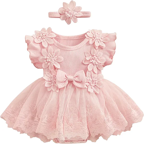 Mtsebmves Baby Girl Clothes Newborn Summer Romper Dress Flower Ruffle Sleeve Mesh Tutu Dress with Headband 0-24 Months (Pink, 6-12 Months)