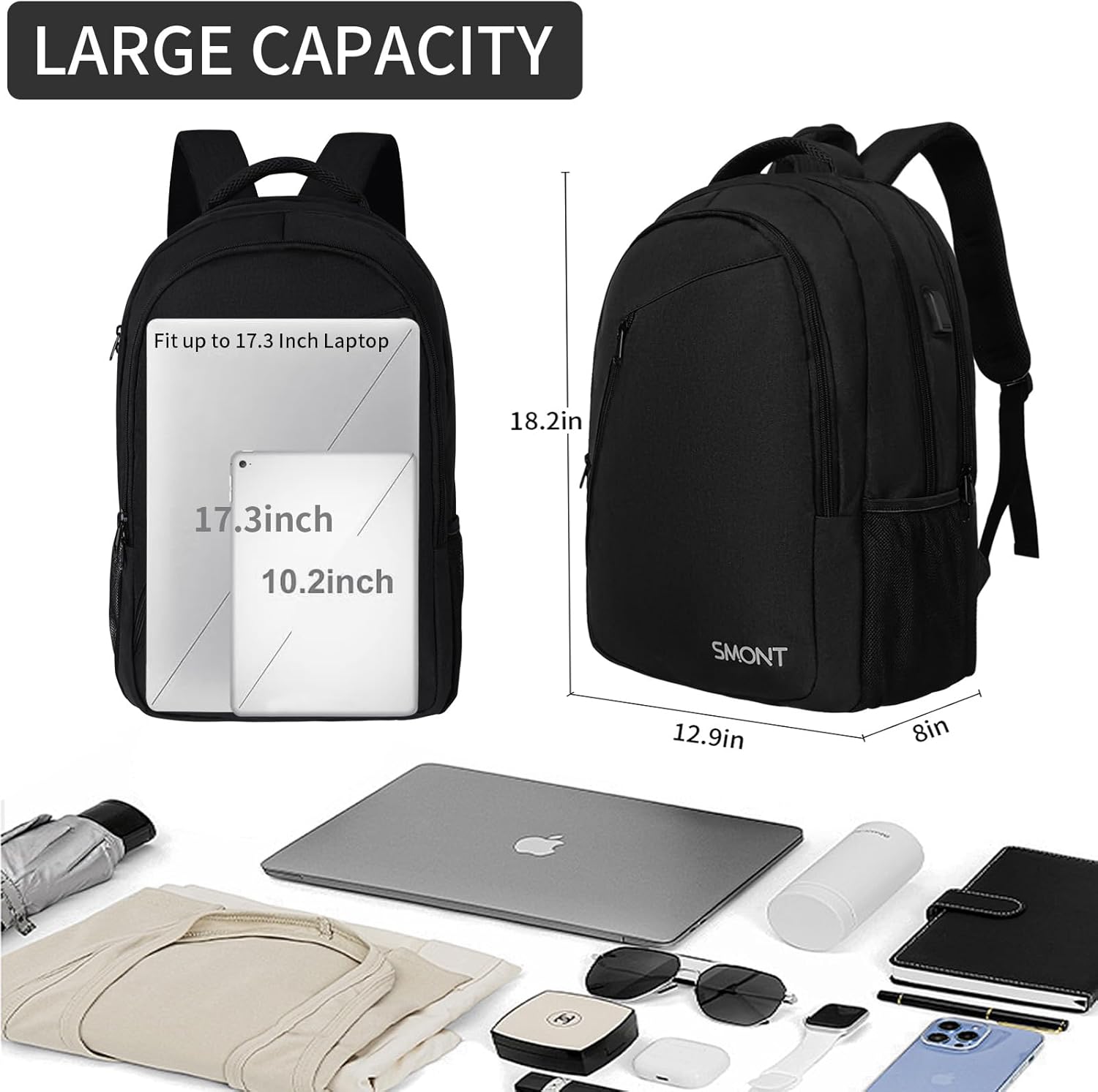 SMONT Large Laptop Backpack for Men, 17" Mens Business Bookbag for Computer Office Tech Commuter Work Black