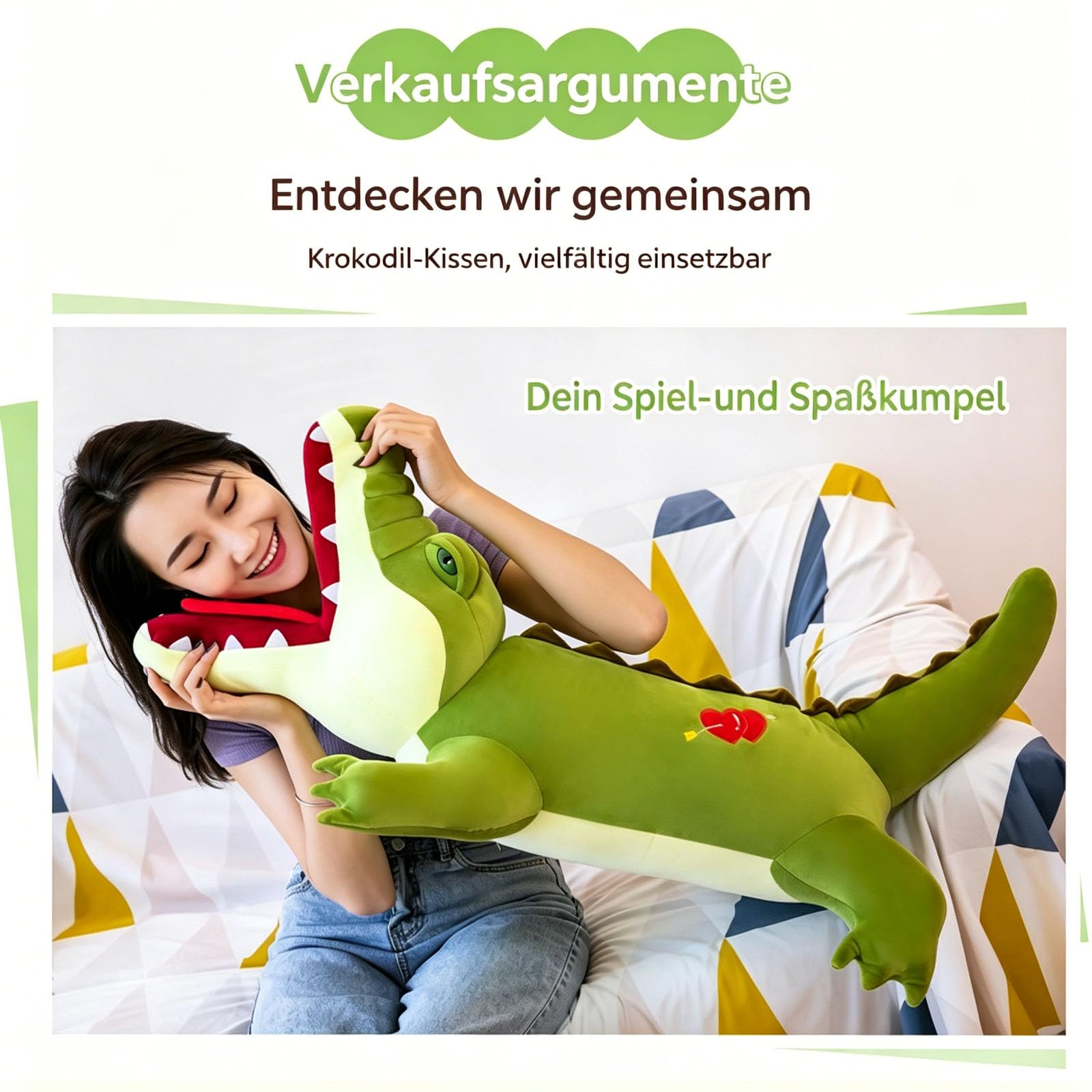 Riesen Krokodil Kuscheltier XXL, groß Grün Krokodil Stofftier Plüschtier mit offenem Maul, Krokodilkissen Plüschtier, Lustige Alligatoren-Plüschtiere Geschenk für Jungen und Mädchen (120cm,Grün)